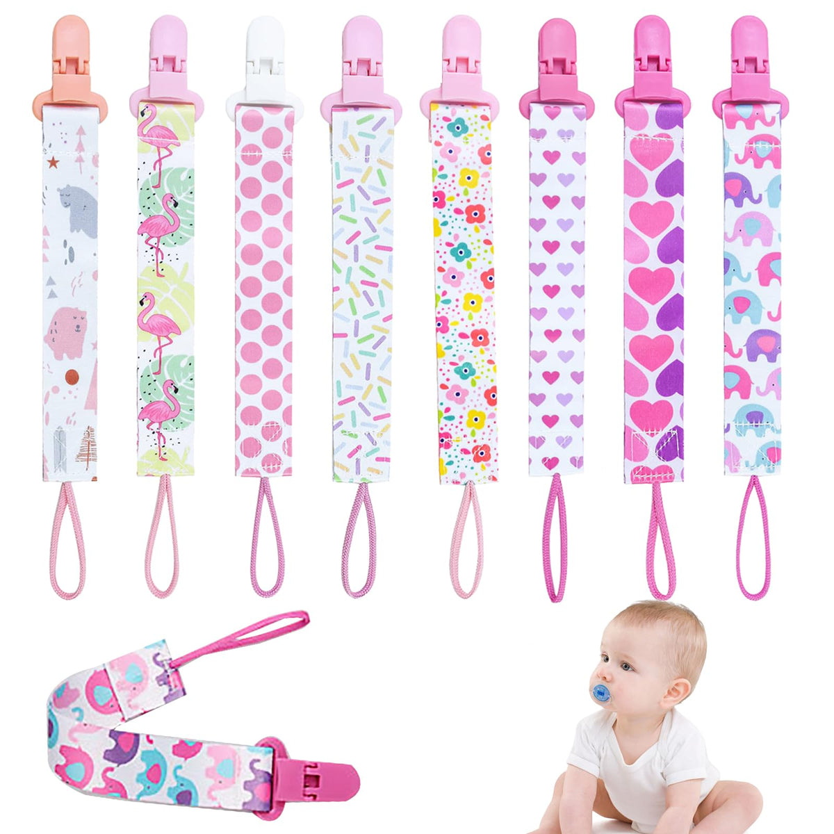 8Pcs Dummy Clip Girls, Baby Pacifier Clips Soother Clip Chains Dummy Strap Silicone Ring Adapter for All Dummies Soothers Teething Toys Newborn Essentials