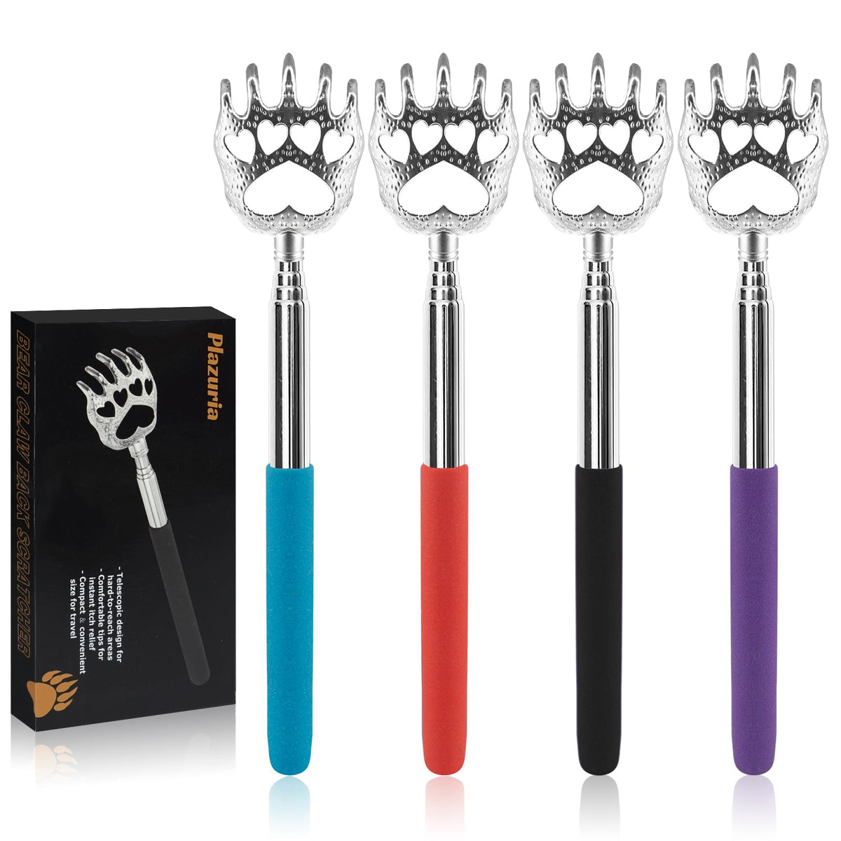 (4-Pack) Plazuria Portable Extendable Telescopic Bear Claws Metal Back Scratchers/Hand Massager/Backslap with Rubber Handles