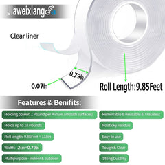 Double Sided Tape Heavy Duty, Strong Nano Mounting Tape Extra Large(3.0m * 2.0cm), Clear Multipurpose Removable Sticky Strips, Reusable Strong Wall Decor Tape Picture Hanging Strips Poster Carpet Tape