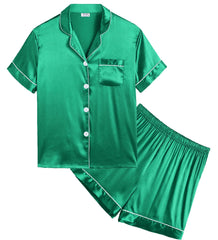 SWOMOG Girls Pyjamas Silk Satin PJs for Kids Boys Short Sleeve Sleepwear Silky Pyjama Sets for Teenage Children Emerald Green