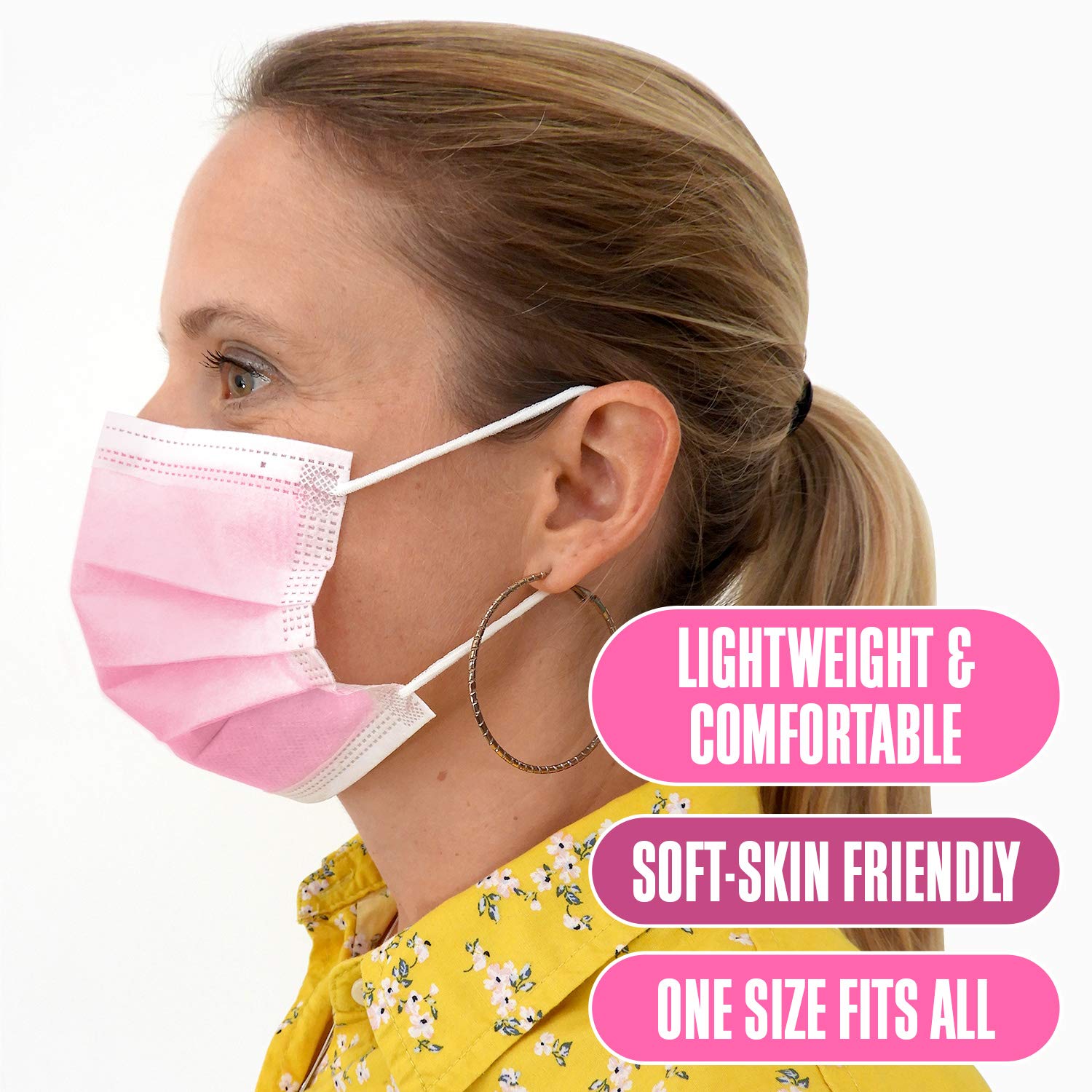 Harley Street Care Disposable Pink Face Masks Protective 3 Ply Breathable Triple Layer Mouth Cover with Elastic Earloops (Pack of 100)