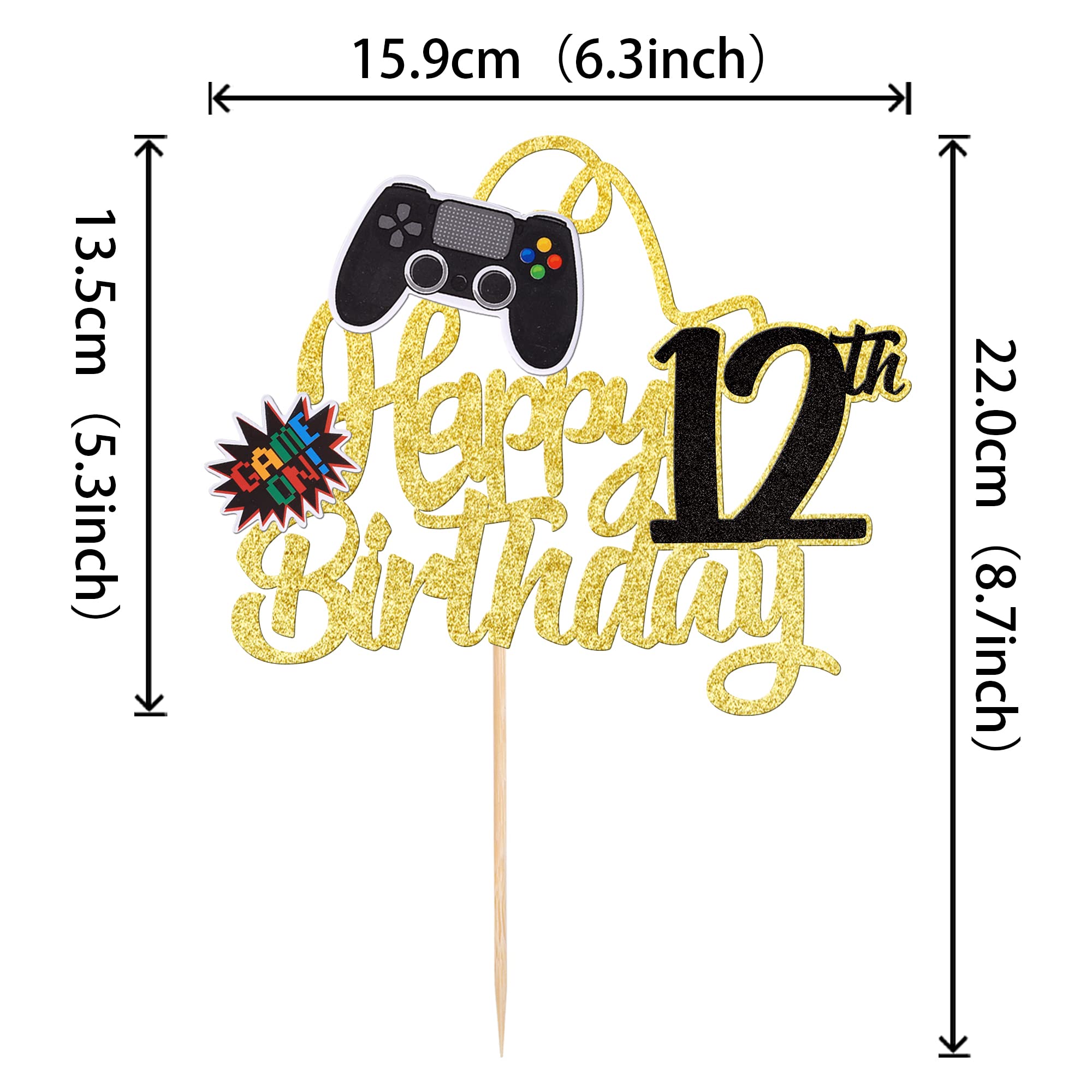 SYKYCTCY 1 Pack Happy 12th Birthday Cake Topper Glitter Video Game Cake Pick Game On Controllers Twelfth Cheers to 12 Years Cake Decoration for Game Theme Happy 12th Birthday Party Supplies Gold