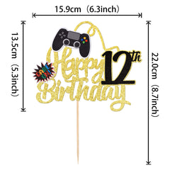 SYKYCTCY 1 Pack Happy 12th Birthday Cake Topper Glitter Video Game Cake Pick Game On Controllers Twelfth Cheers to 12 Years Cake Decoration for Game Theme Happy 12th Birthday Party Supplies Gold