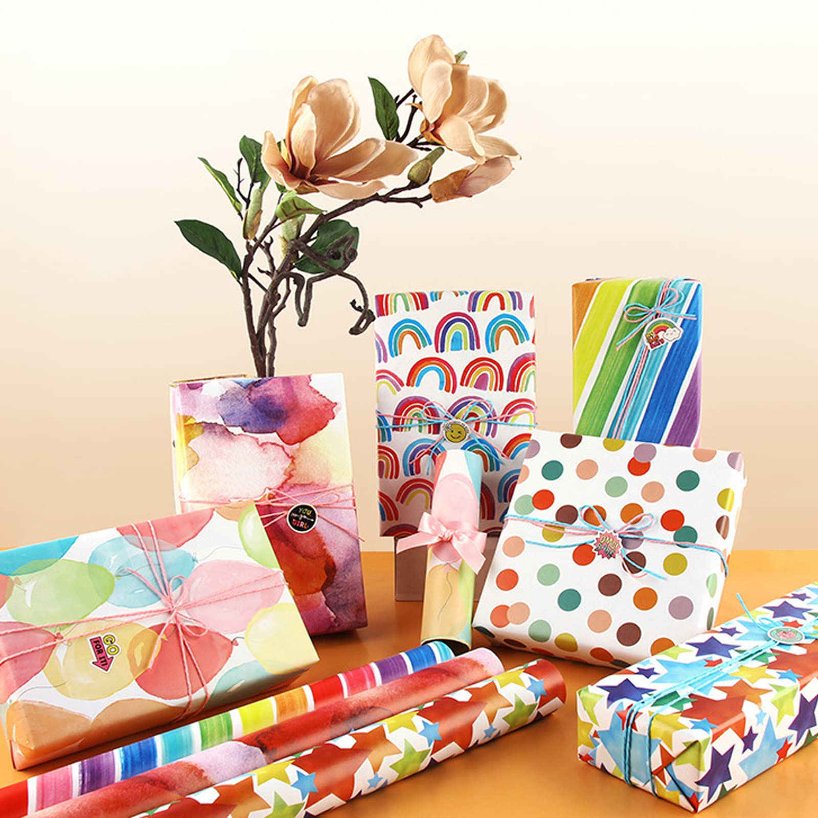 Jatidne 12 x Birthday Wrapping Paper Sheets Recyclable Gift Wrap Colorful Rainbow Wrapping Paper 70cm x 50cm Recycled Paper Folded