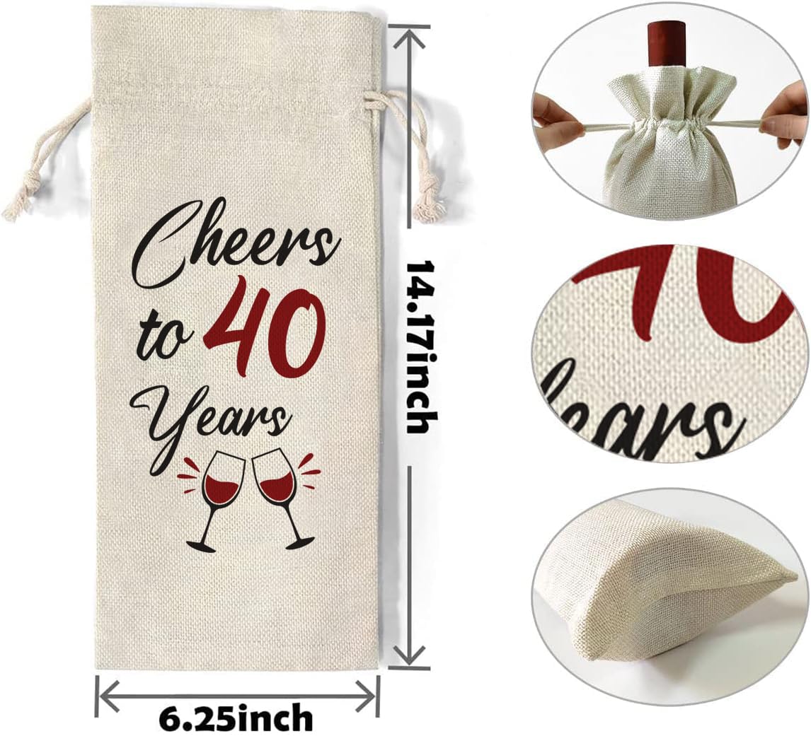 40th Birthday Gifts for Men and Women - Cheers to 40 Years Wine Favor Bag 40th Birthday Gift - Natural Linen Drawstring Wine Bag, Cool Birthday Gift for Dad, Friend Birthday Gifts (Cheers to 40 Years)