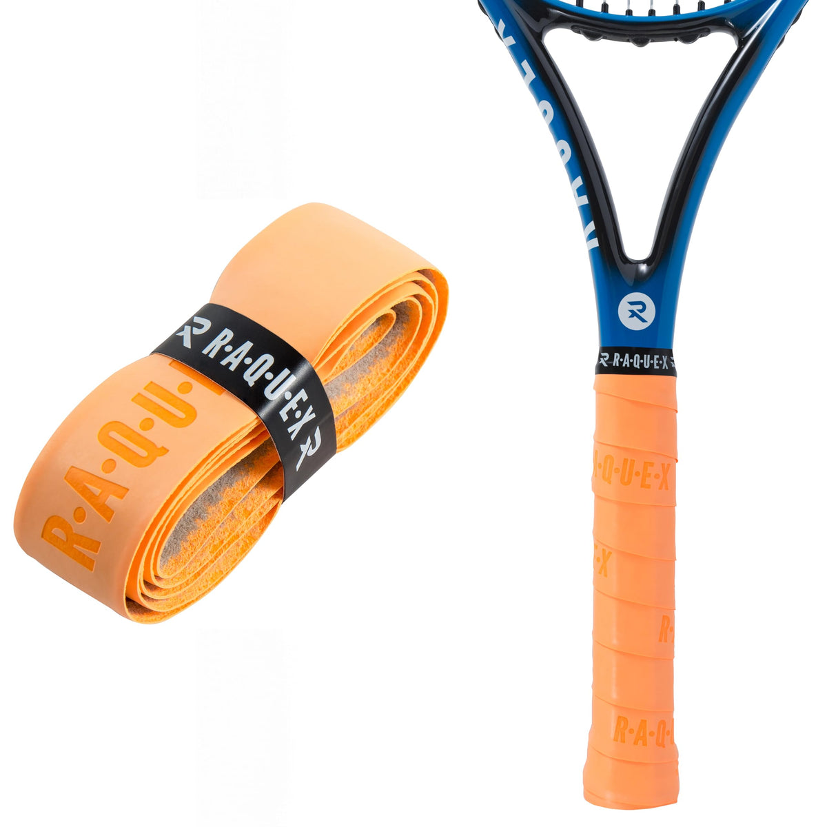 Raquex Enhance Replacement Racket Grip: Tennis Grip, Badminton, Squash Grip Tape, Padel, Pickleball. 14 Colours. Premium, Self-Adhesive Tennis Racquet Grip with Finishing Tape (Orange, 1 Grip)