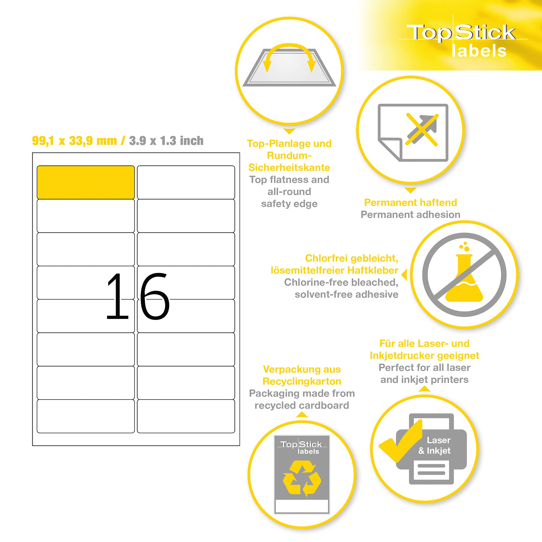 TopStick 8756 Self Adhesive Address Labels, 16 Labels per A4 Sheet, 100 Sheets, 99.1 x 33.9 mm, 1600 Labels, Blank Mailing Labels Stickers, Sticky Labels for Laser & Inkjet Printer, White