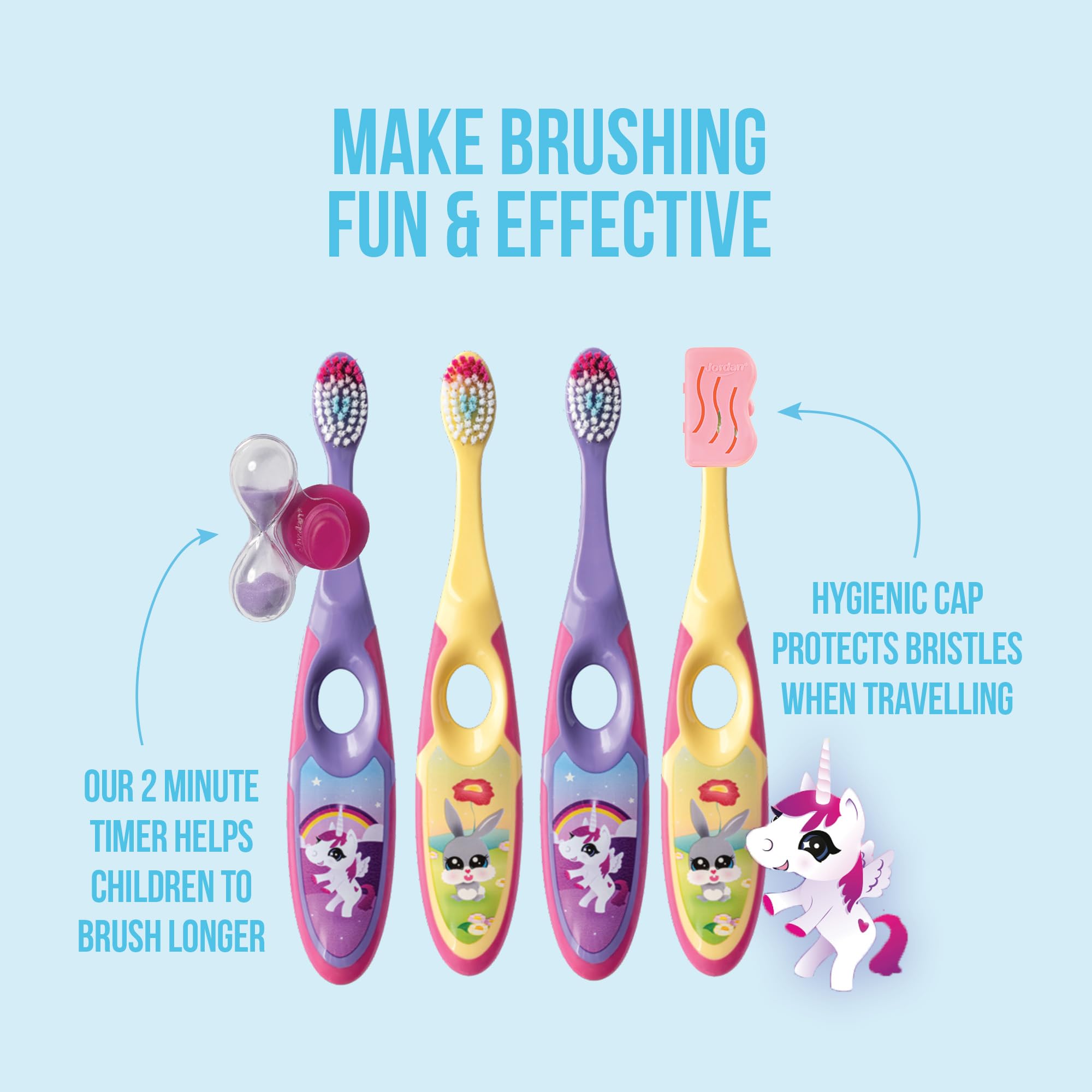 Jordan ®   Step 2 Toothbrush Kids   Kids Toothbrush for Age 3-5 Years Old   Soft Bristles, Dual Ergonomic Handle & BPA Free   Pink & Yellow Color   Pack 4 Units