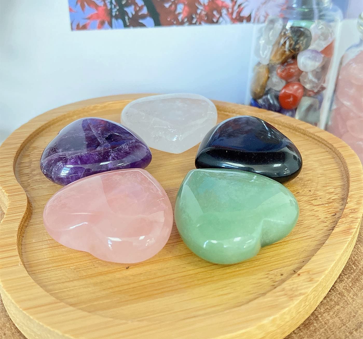 XIANNVXI 5Pcs Natural Healing Crystal Heart Stones Set 30mm Amethyst Rose Quartz Crystals Polished Love Hearts Palm Pocket Gemstones for Chakra Reiki Lover Mothers Day Gifts