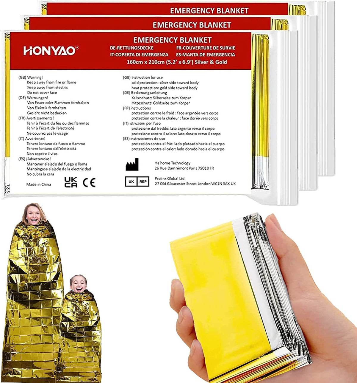 HONYAO® Emergency Blankets 3pcs, Foil Blankets Gold Silver, Thermal Blanket 210×160 cm, Survival Blankets Perfect for Outdoors, Survival, Hiking, Marathons or First Aid, Tear Resistant