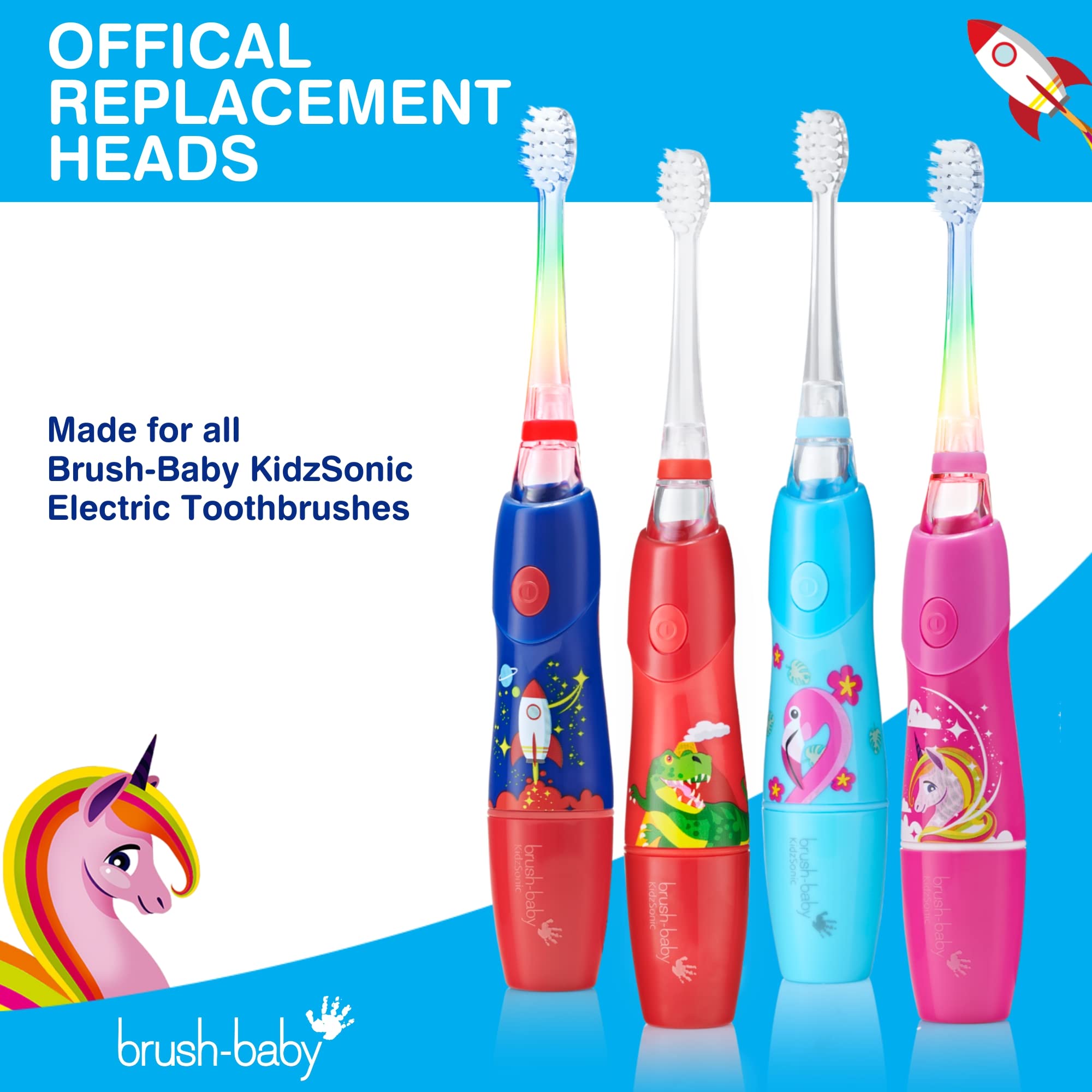 Brush-Baby KidzSonic Rocket and Unicorn Replacement Brush Heads Age 3and (4 per Pack)