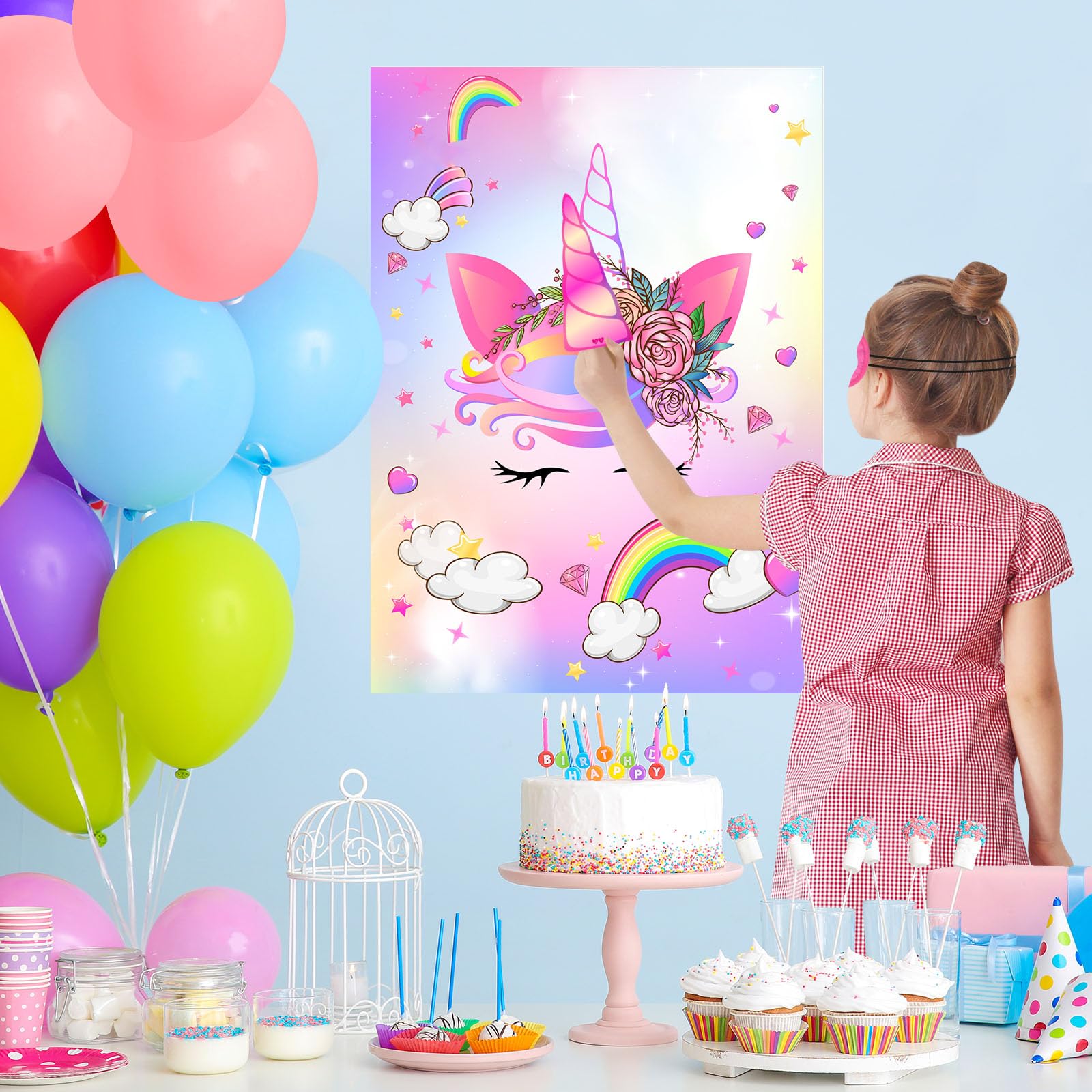 NEBURORA Pin The Horn on The Unicorn with 30 PCS Horns Unicorn Birthday Party Supplies for Girls Birthday Party Game for Kids