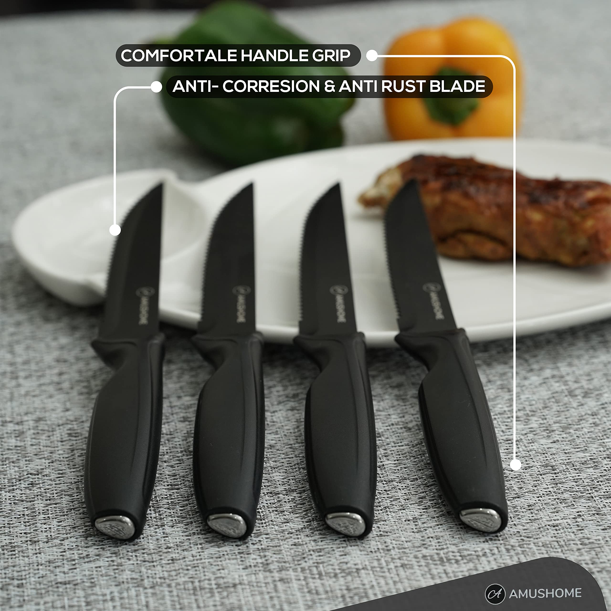 AMUSHOME Steak Knives Set of 4 I Stainless Steel Steak Knife with Sharp Serrated Edge & Ergonomic Non-Slip Handle, Rust-Proof & Scratch-Resistant…