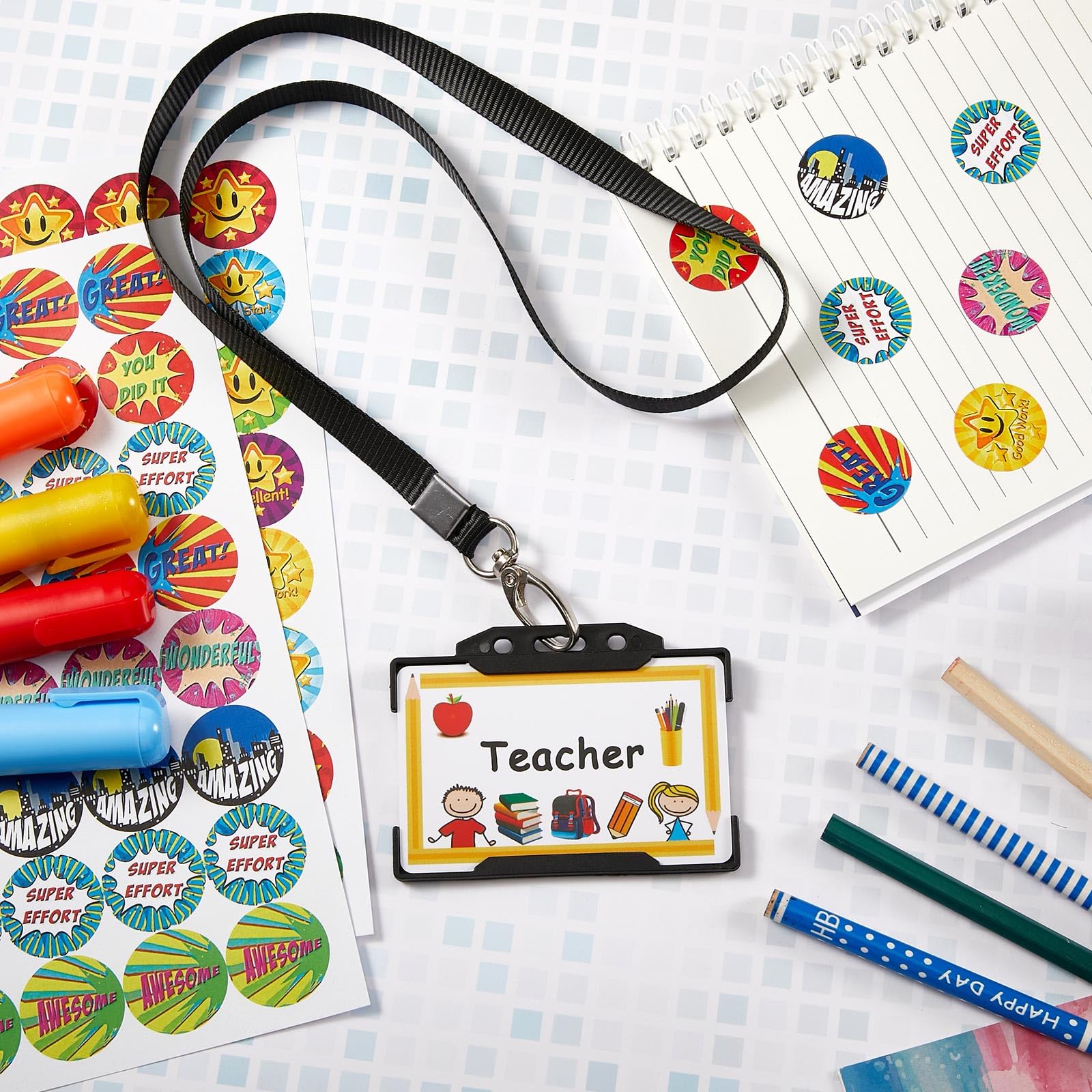 Tenare Christmas Teacher Roleplay Novelty Id Card and Lanyard Children's Well Behaviour Reward Stickers for Kids School Imaginary Teacher Pretend Play Set (Black,Awesome)