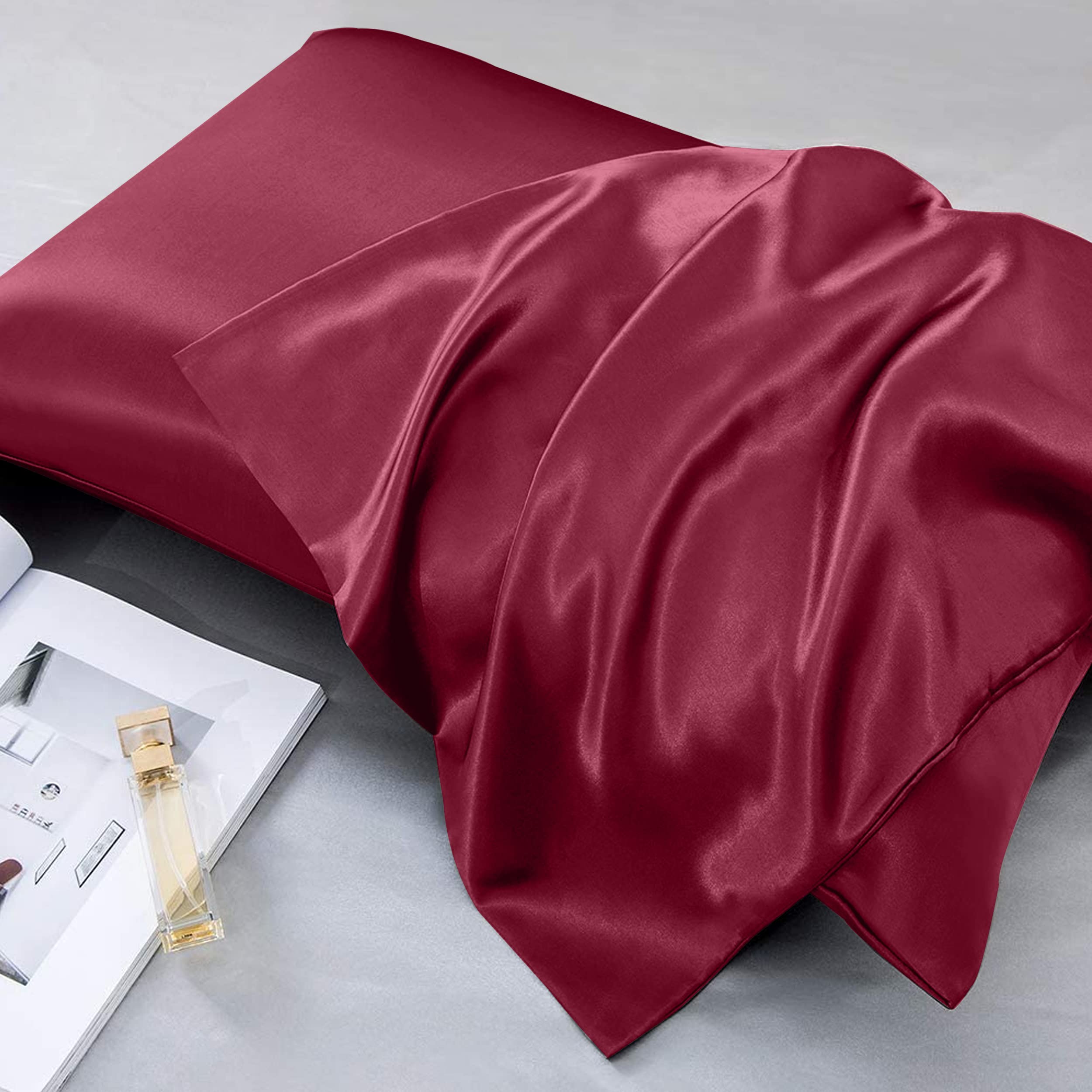 Moonlight Bedding Satin Pillowcases 2 Pack - Burgundy Silk Pillowcases with Envelope Closure Satin Pillow Case Standard Hotel Quailty Satin Silk Pillowcase (50x75cm))