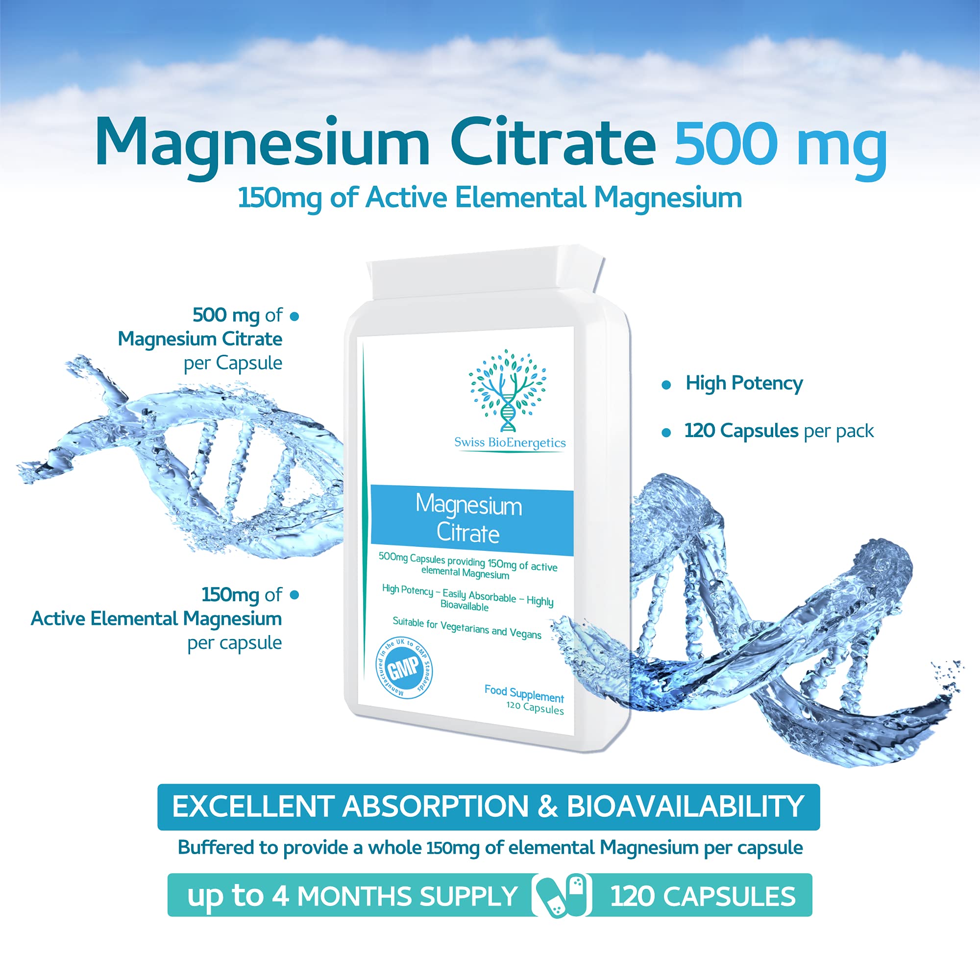 Magnesium Citrate 500mg 120 Capsules - Providing 150mg of Active Elemental Magnesium - High Potency - Easily Absorbable - Highly Bioavailable - UK Manufactured