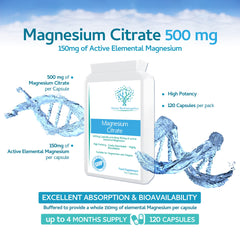 Magnesium Citrate 500mg 120 Capsules - Providing 150mg of Active Elemental Magnesium - High Potency - Easily Absorbable - Highly Bioavailable - UK Manufactured