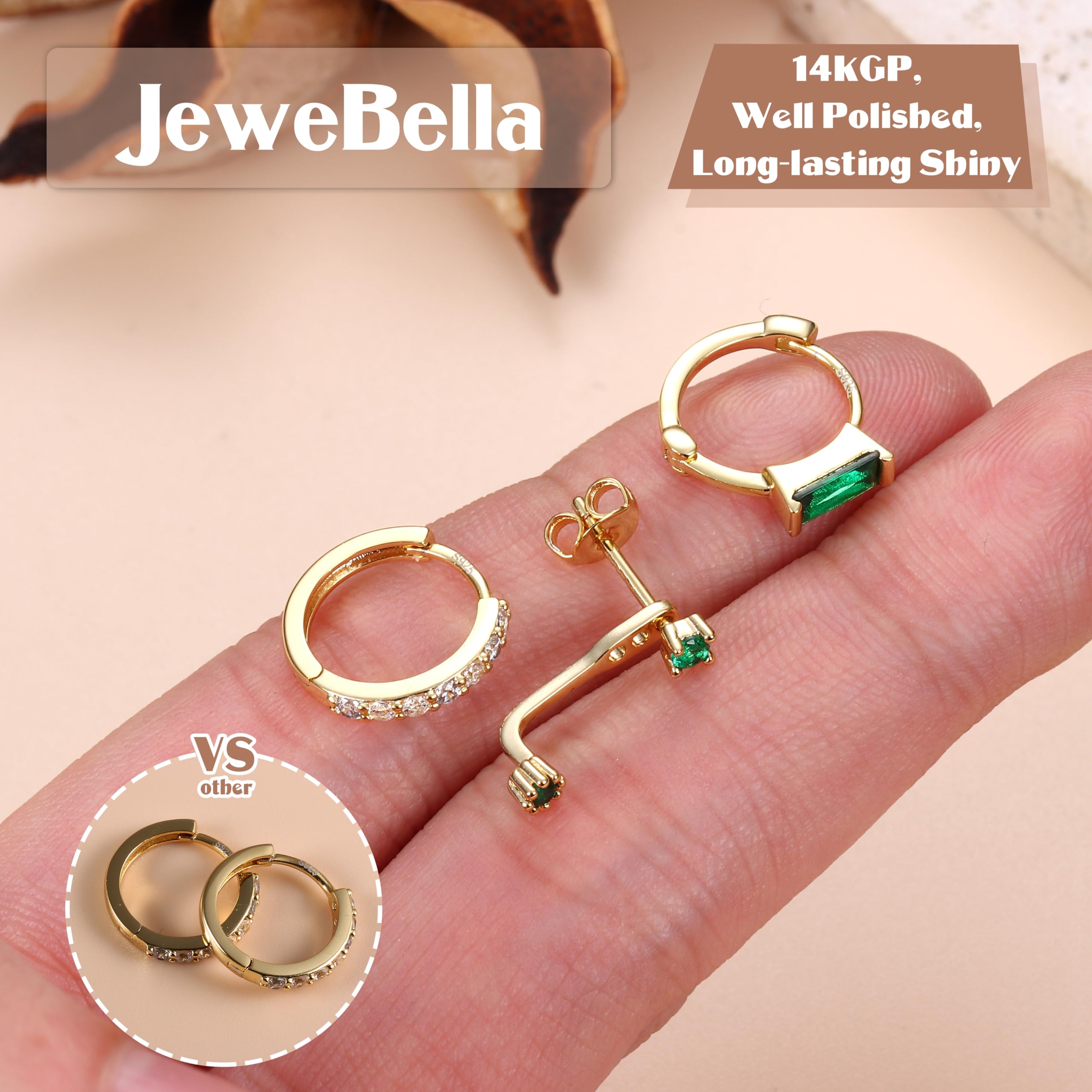 JeweBella 3 Pairs Sterling Silver Stud Hoop Earrings Set for Women 14K Gold Plated Earrings Stacks Dainty Small Stud Hoop Earrings Sets for Multiple Piercings