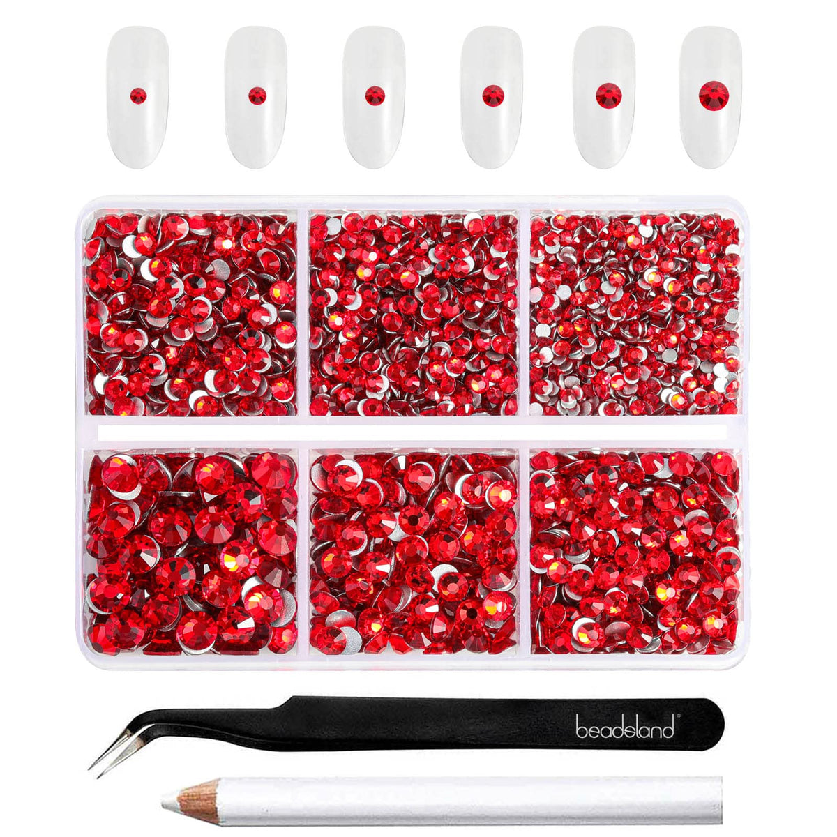 Beadsland 4300pcs Flatback Rhinestones,Light Red Rhinestones Nail Gems Round Crystal Rhinestones for Crafts,Mixed 6 Sizes with Picking Tweezers and Wax Pencil Kit, SS6-SS20,Light Siam