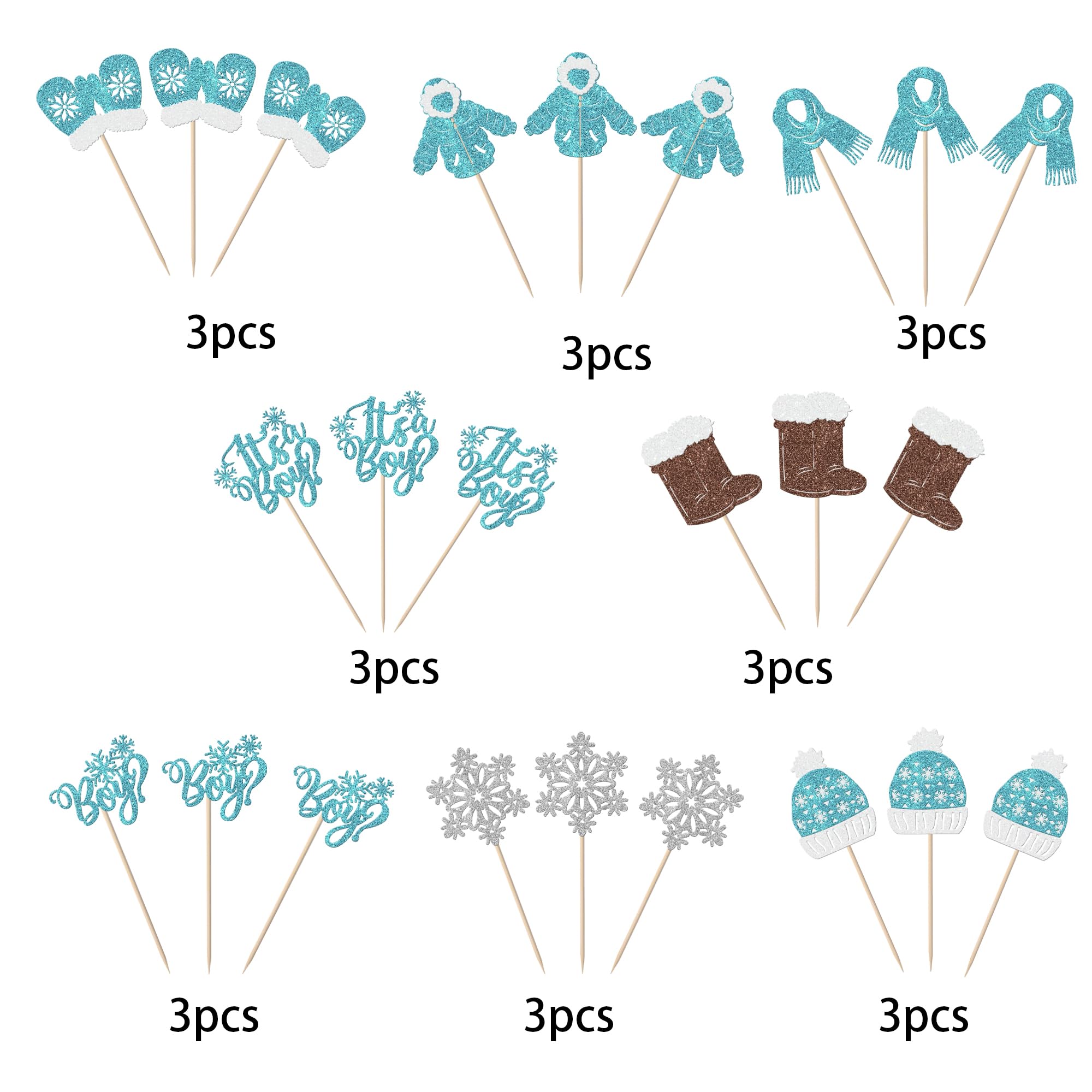 Xsstarmi 24 Pack It's a Boy Snowflake Cupcake Toppers Glitter Winter Frozen Baby Scarf Gloves Hats Shoes Cupcake Picks for Gender Reveal Theme Baby Shower Birthday Party Cake Decorations Blue