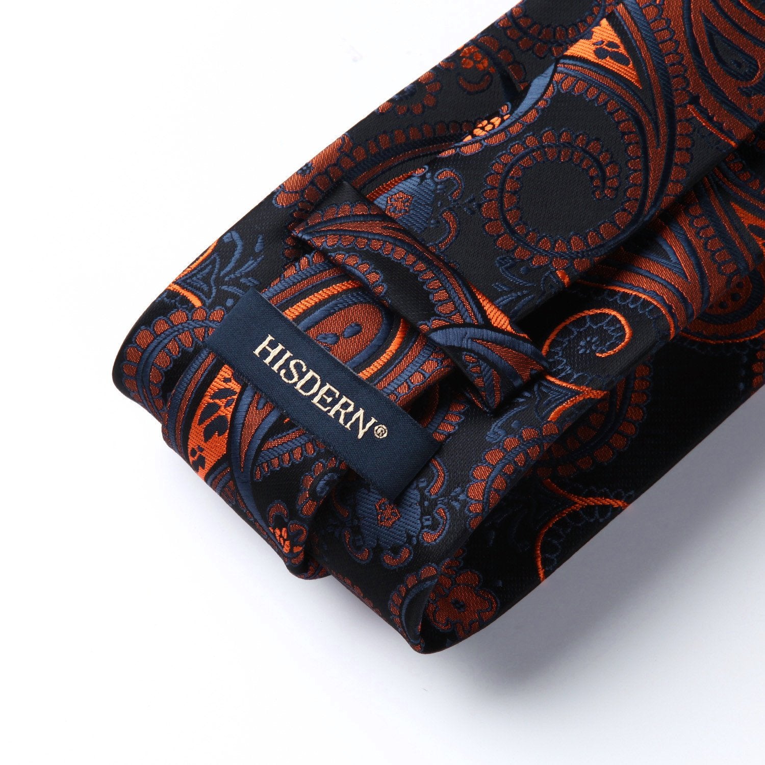 HISDERN Men's Black Orange Paisley Floral Tie Handkerchief Wedding Party Ties for Men Necktie & Pocket Square Set