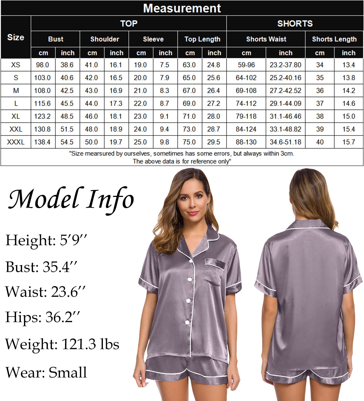 SWOMOG Pyjama Set Women Silk Satin Pyjamas Short Sleeve Pjs Two-Piece Loungewear Button-Down Pj Sets