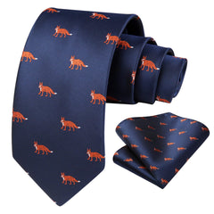 HISDERN Fox Tie for Men Navy Blue Ties Handkerchief Novelty Animal Pattern Wedding Necktie & Pocket Square Set