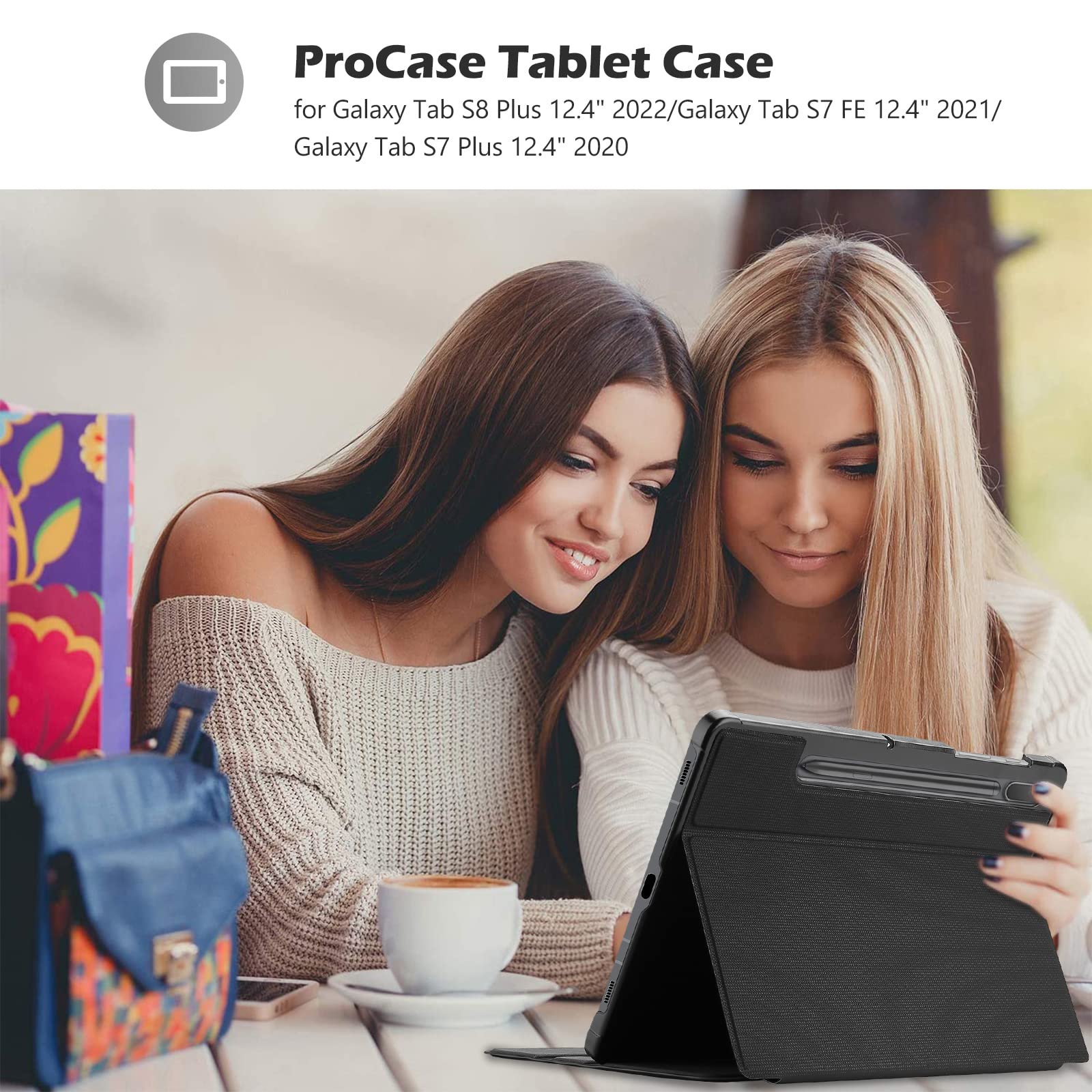 ProCase Case for Samsung Galaxy Tab S7 FE 2021/Tab S8and Plus 2022/Tab S7and Plus 2020 12.4 inches, Shockproof Lightweight Slim Protective Book Case Folio Cover for SM-X800/T730/T970 -Black