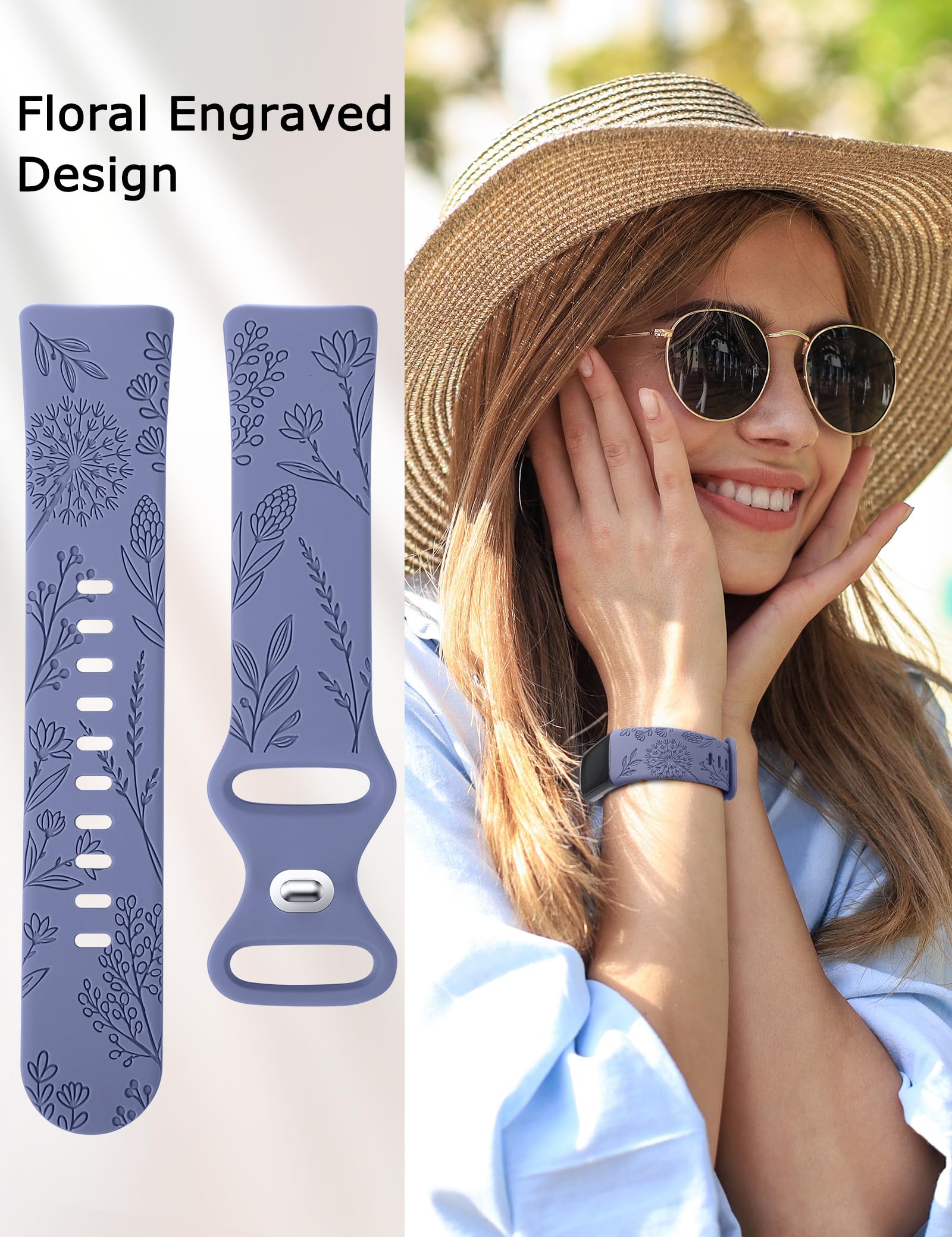 TOYOUTHS 3 Packs Floral Engraved Compatible with Fitbit Charge 5/Charge 6 Strap for Women, Soft Waterproof Silicone Sport Band with Cute Dandelion Flower Pattern, BlackandIce BlueandGreen