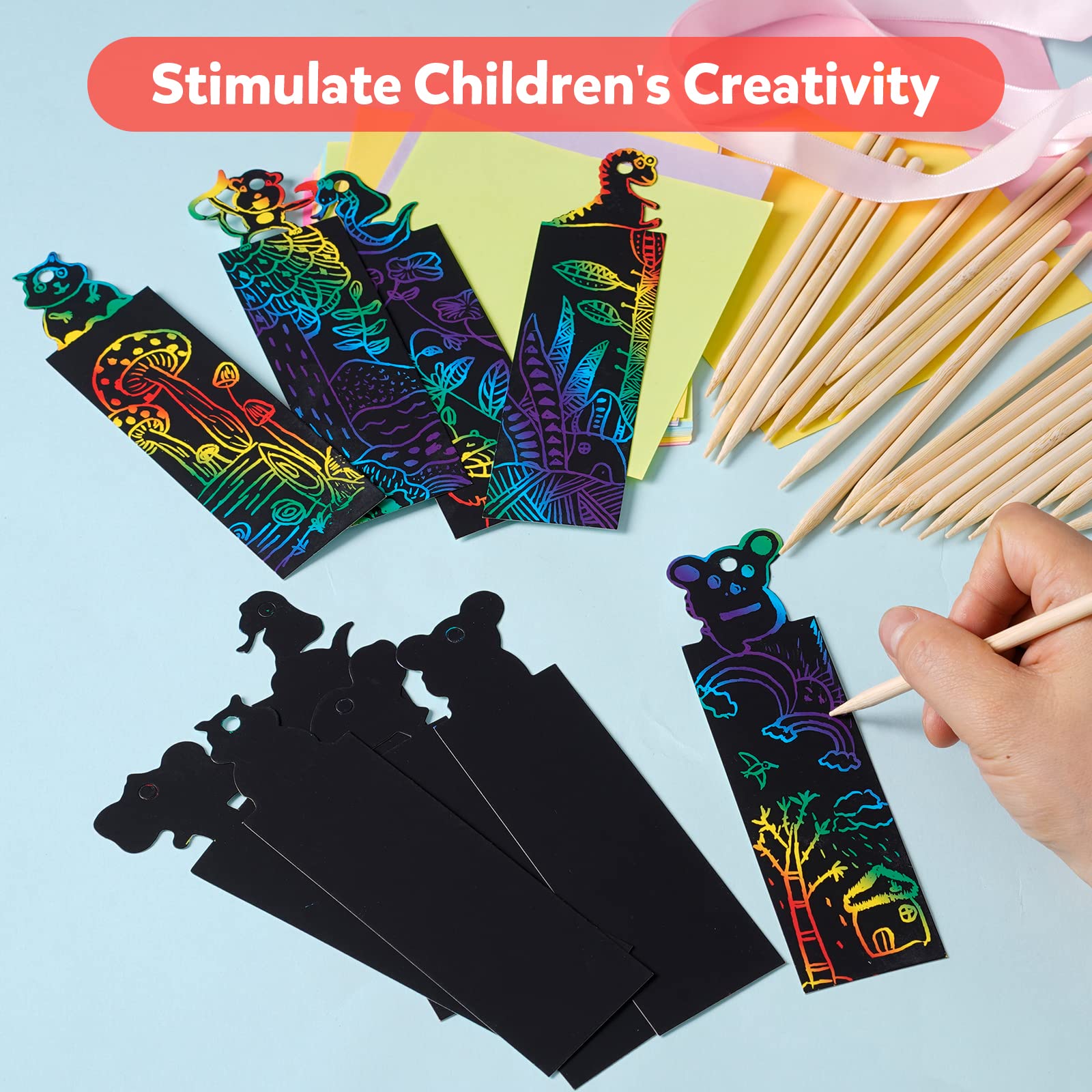 DoGeek 48 Pcs Animal Scratch Art Bookmarks for Kids Craft DIY Rainbow Scratch Gift Tags Magic Scratches Label Set with Colorful Ropes and Wooden Stylus for Party Bags Filler Gifts