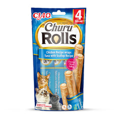 Ciao Churu Rolls by INABA Cat Treat - Chicken, Tuna & Scallop Flavour (4 x 10g) / Crispy Sticks with Creamy Filling Cat Treat, Delicious & Healthy Snack, Hand Feeding, Natural, Grain Free