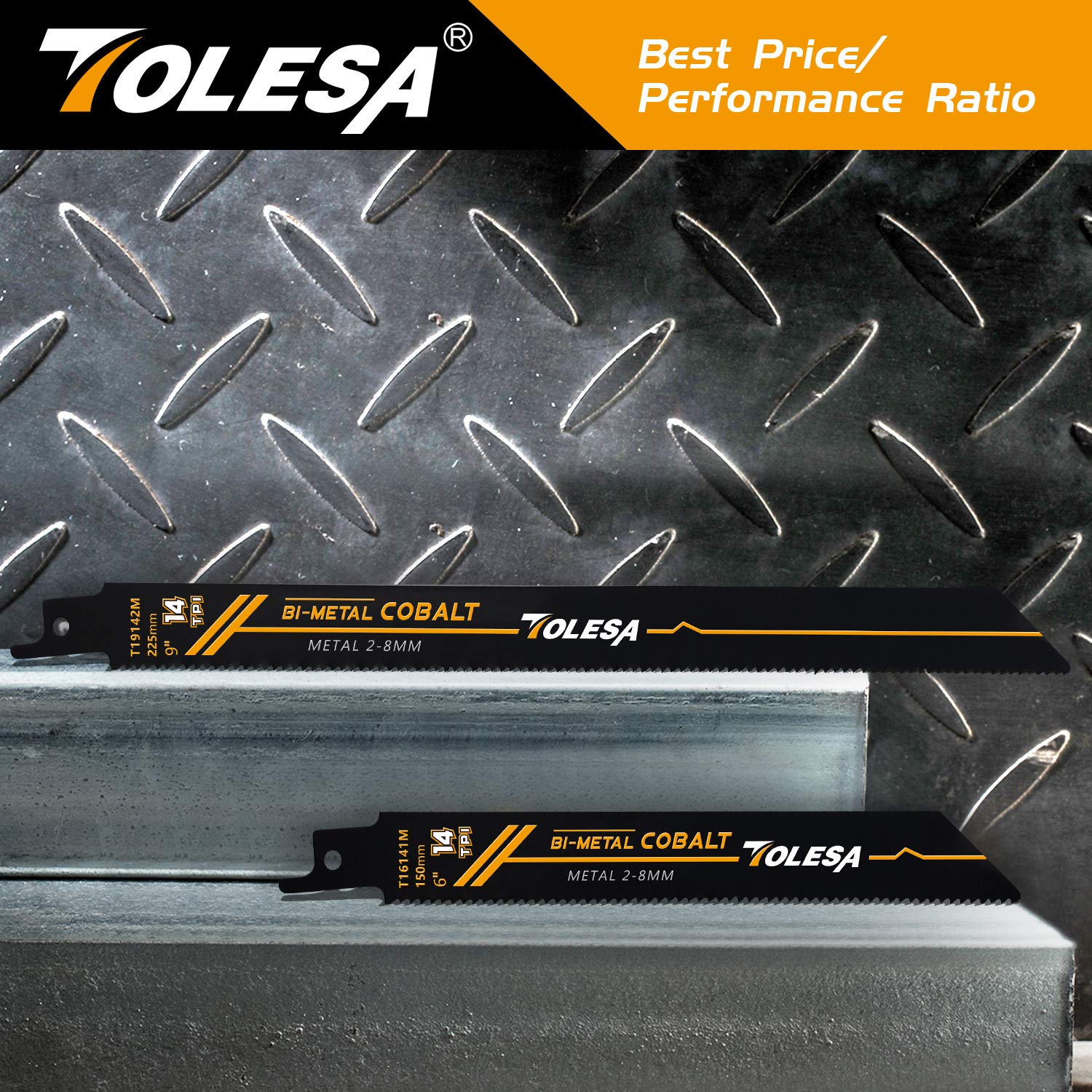 TOLESA Heavy Metal Cutting Reciprocating Saw Blades 225mm 14TPI Sawzall Blades for Metal Pipe, Sheet Metal, Rebar, Bi-Metal Sabre Saw Blades Better Wear Resistance for Metal Cutting 5 Pack