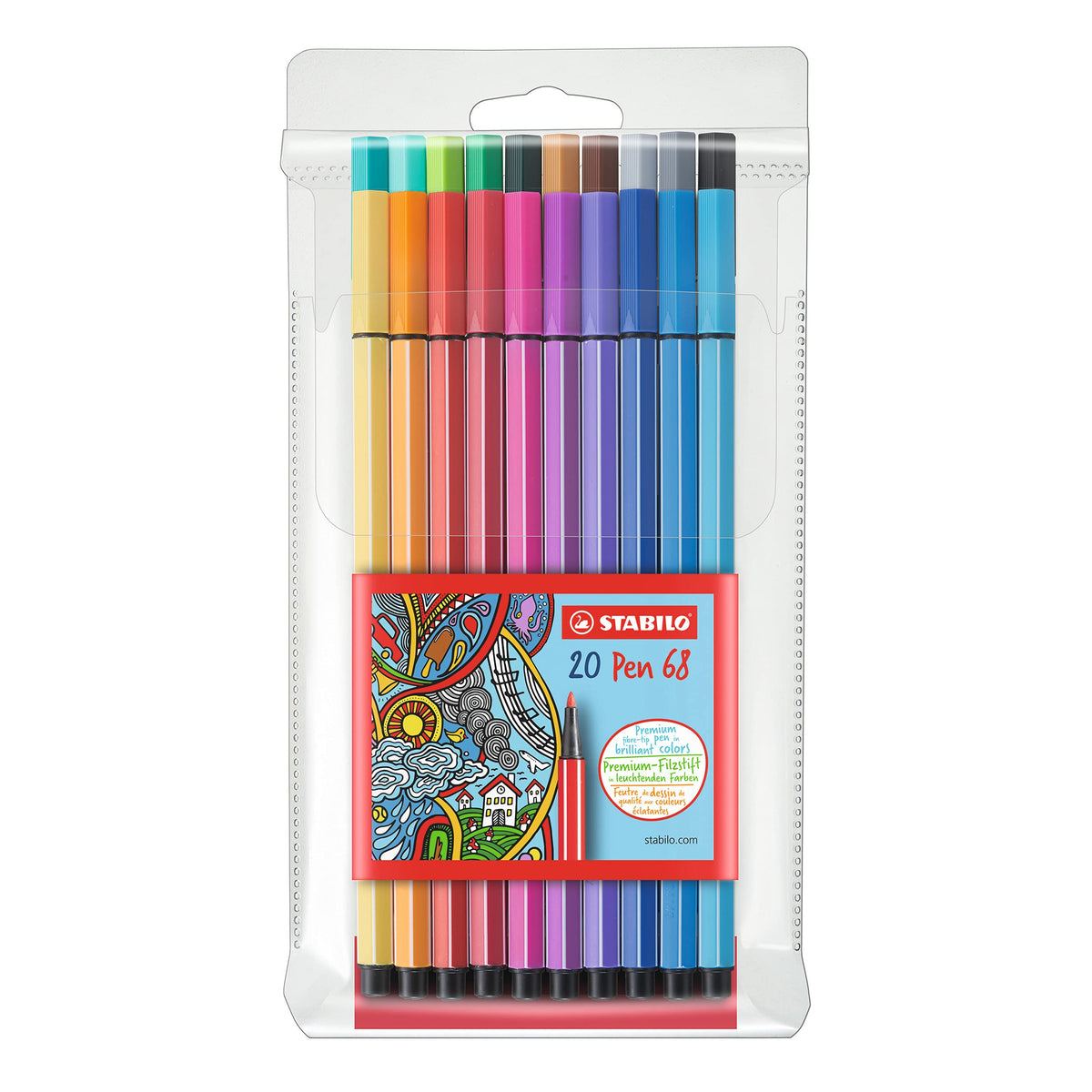 Premium Fibre-Tip Pen - STABILO Pen 68 - Pack of 20 - Assorted Colours