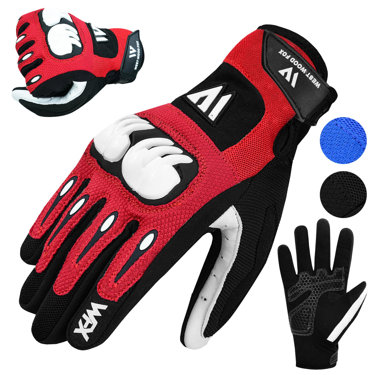 WESTWOOD FOX Motorbike gloves for men and women,Breathable, Touchscreen, Palm Pads motorcycle gloves for BMX,Cycling, ATV,MTB Racing,Road Racing,climbing,Hiking,and outdoor activities (Red, M)