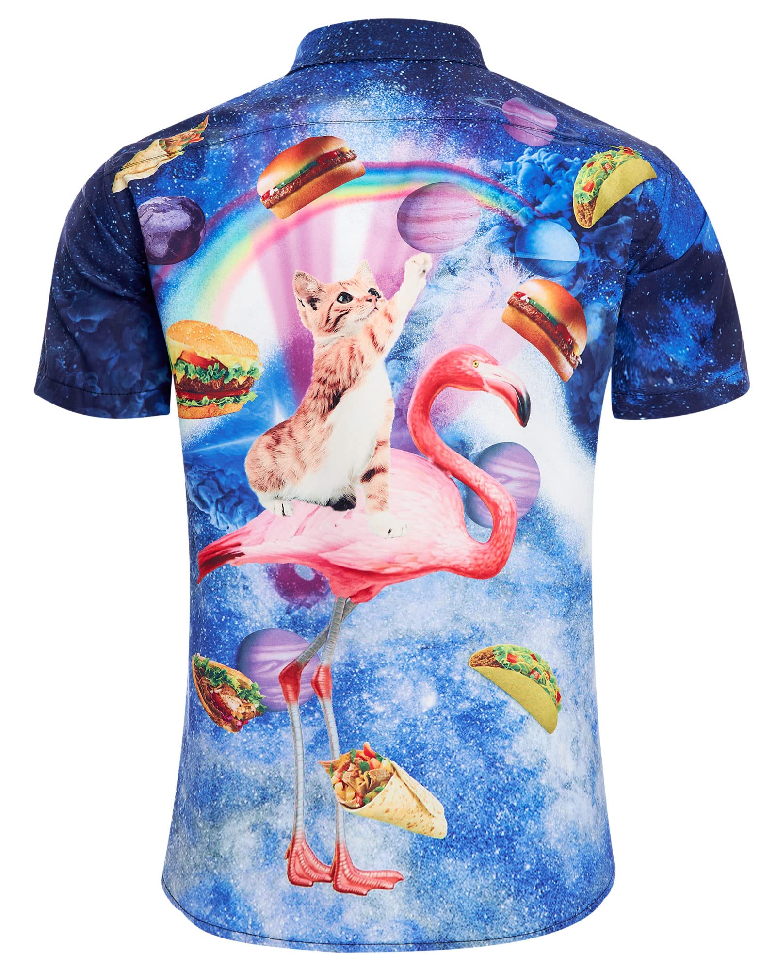 RAISEVERN Pancake Cat Mens Shirts 3D Printed Hawaiian Funny Flamingo Galaxy Funky Stag Bright Ugly Holiday Bad Taste Crazy Shirt Rave Awful Gifts, L