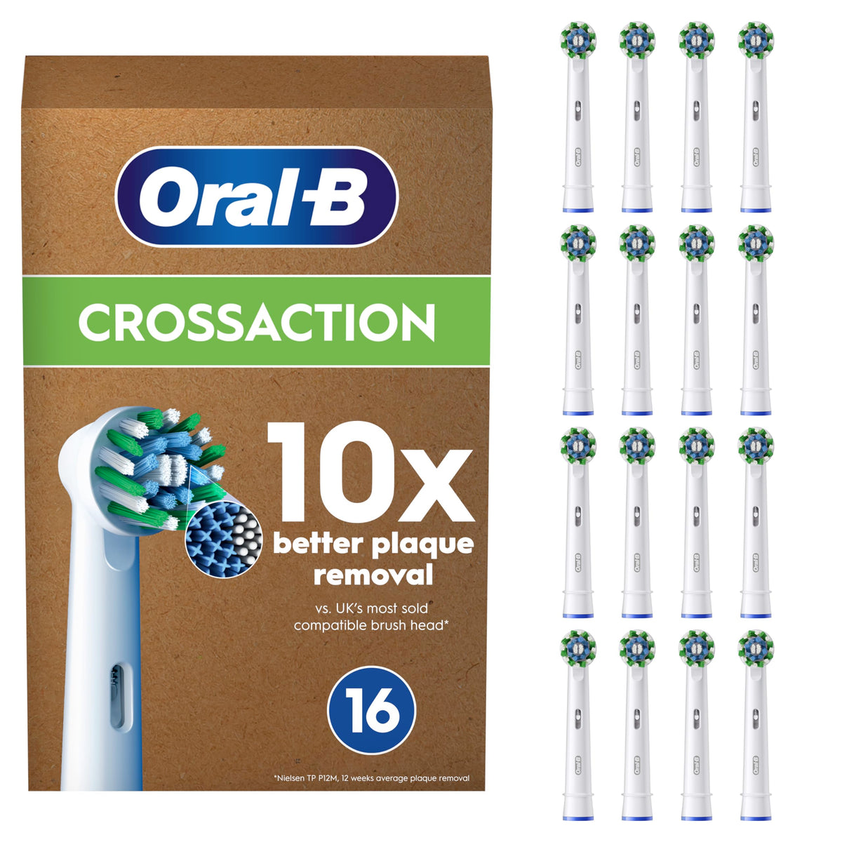 Oral-B Pro Cross Action Electric Toothbrush Head, X-Shape And Angled Bristles for Deeper Plaque Removal, Pack of 16 Toothbrush Heads, Suitable For Mailbox, White