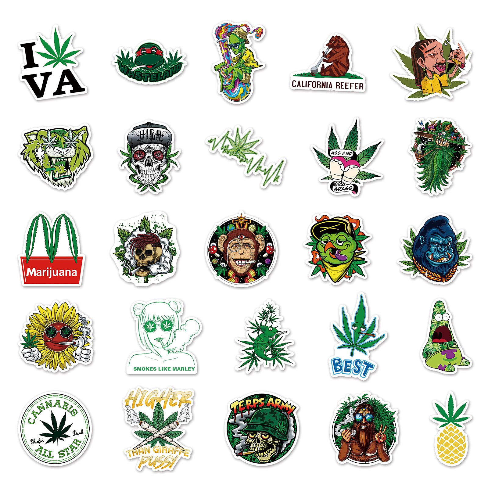 LYLSDSB 100 Pcs Funny Weed Stickers Vinyl Cartoon Green Weed Sticker for Laptop Water Bottle Skateboard Phone Guitar Bike Car Luggage, Waterproof Marijuana Leaves Cool Graffiti Decals for Kids Teens