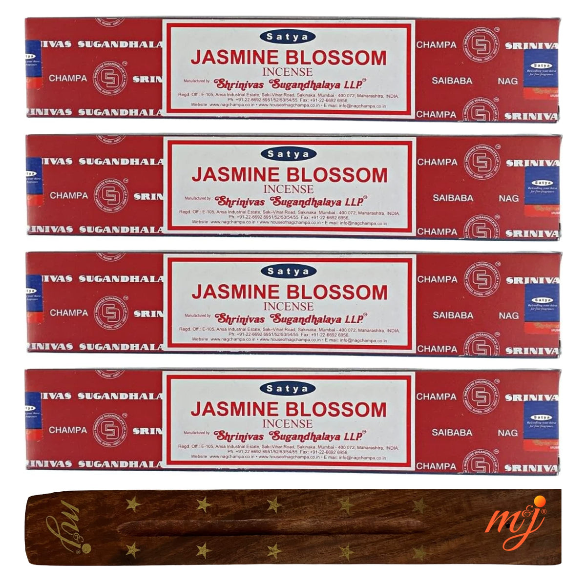 Original Satya Nag Champa Jasmine Blossom Incense Sticks   with M&J incense sticks holder   x4 pack   for Aromatherapy, Spa, Yoga, Weddings, Meditation, Healing, Positivity and Relaxation