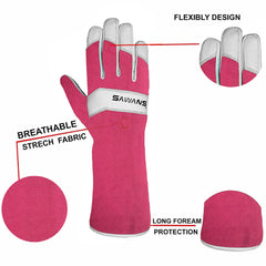 SAWANS Long Gardening Gloves Leather Ladies Men Women Durable Goatskin Garden Gloves Forearm Protection Thorn Proof Gardener Work Spandex Sleeves Rose Pruning Gift (Pink, M)