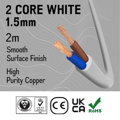 Primes DIY 2 Core Round White Flex Flexible Cable, stranded electrical copper wire, Insulated Flexible PVC Wire, Stranded Wire High Temperature Resistance, 3182Y BASEC Approved 1mm(2 Meter)