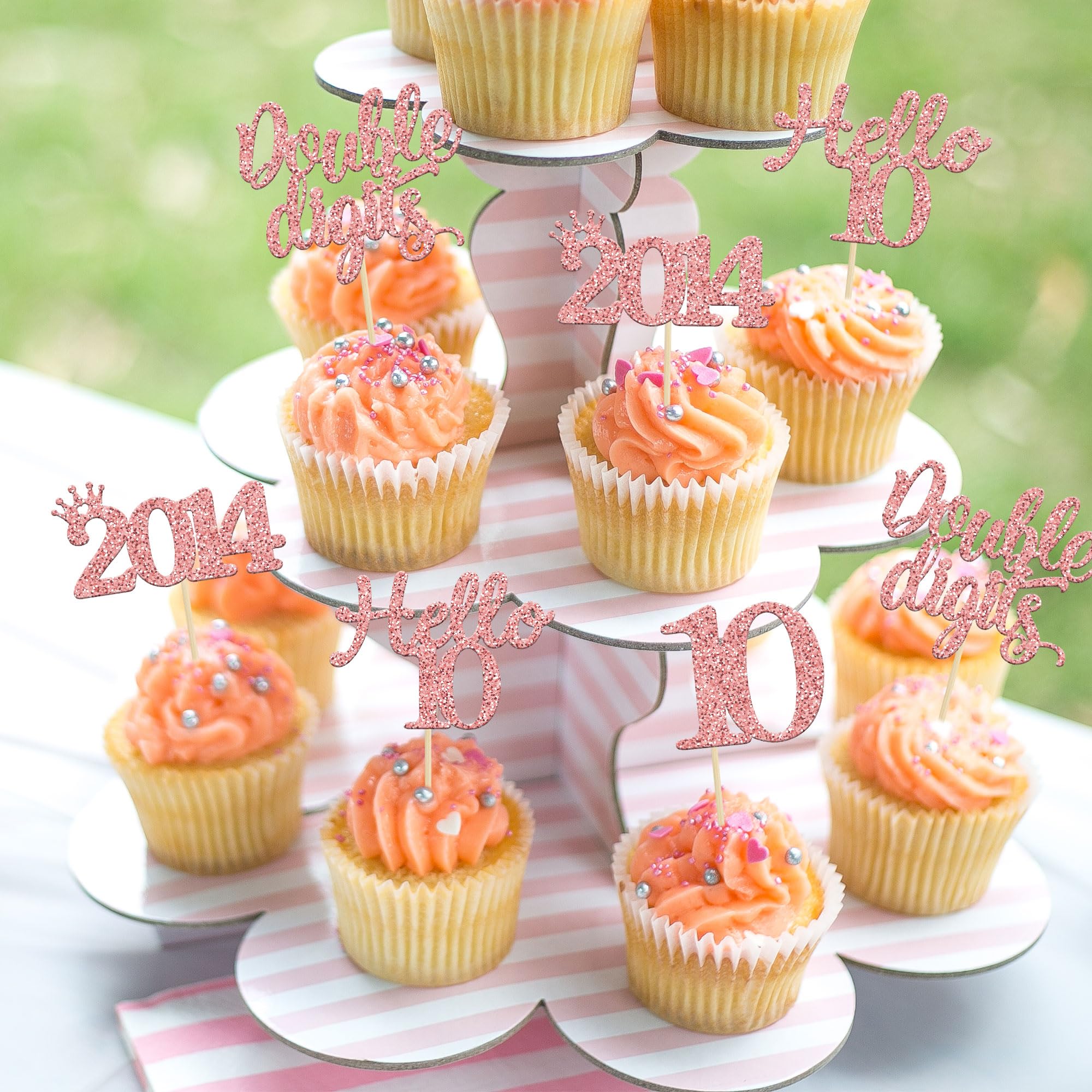 Gyufise 24Pcs Rose Gold Glitter Happy 10th Birthday Cupcake Toppers 10 Ten Hello 10 Double Dights Since 2014 Cupcake Picks for 10th Birthday Party Decorations