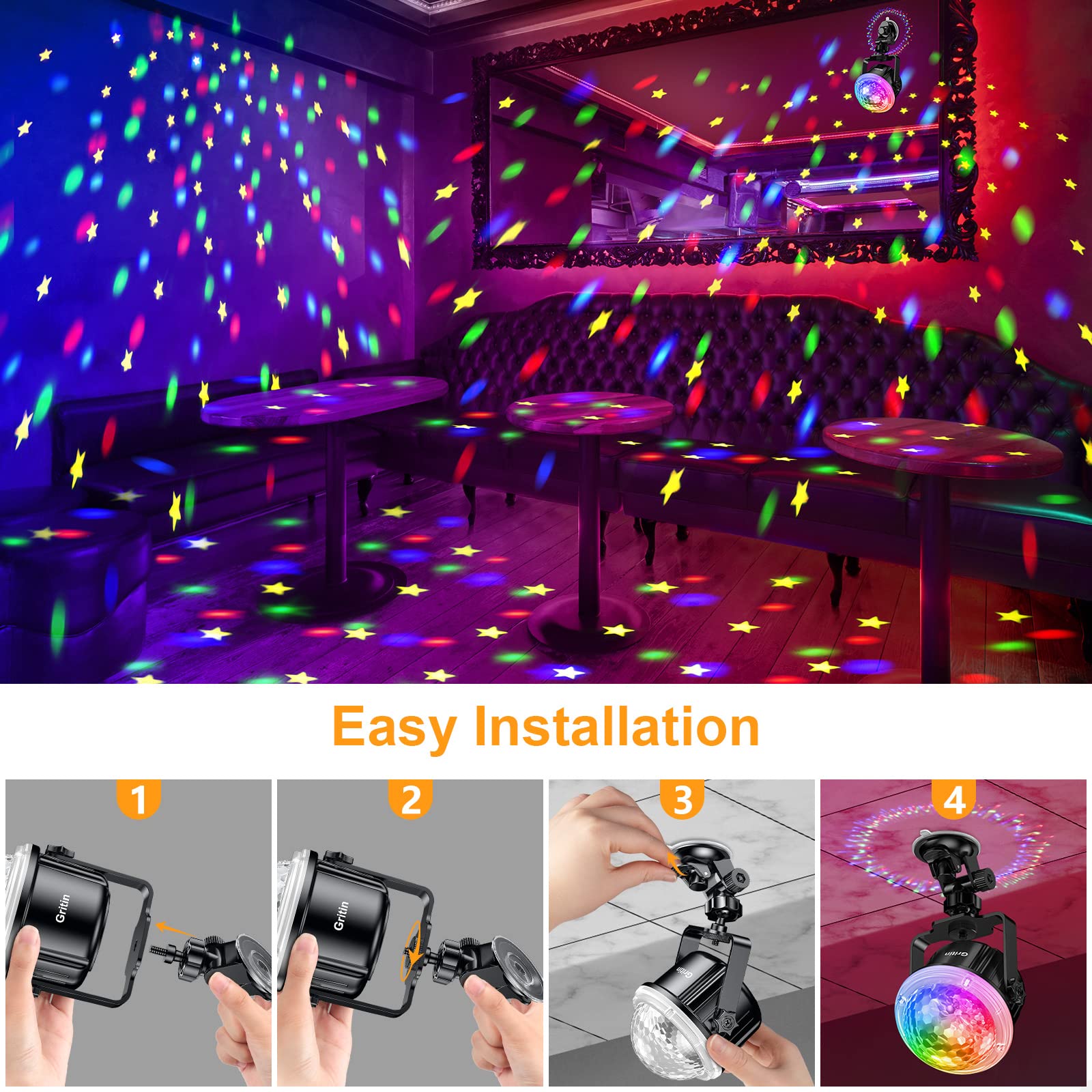 Gritin Disco Lights, 360°Rotation Music Activated Disco Ball Lights with 4M/13ft USB Cable & Remote Control - [ Dynamic Star Pattern Effect ] 3W RGBY Party Lights for Kids Birthday,Home Gathering,etc