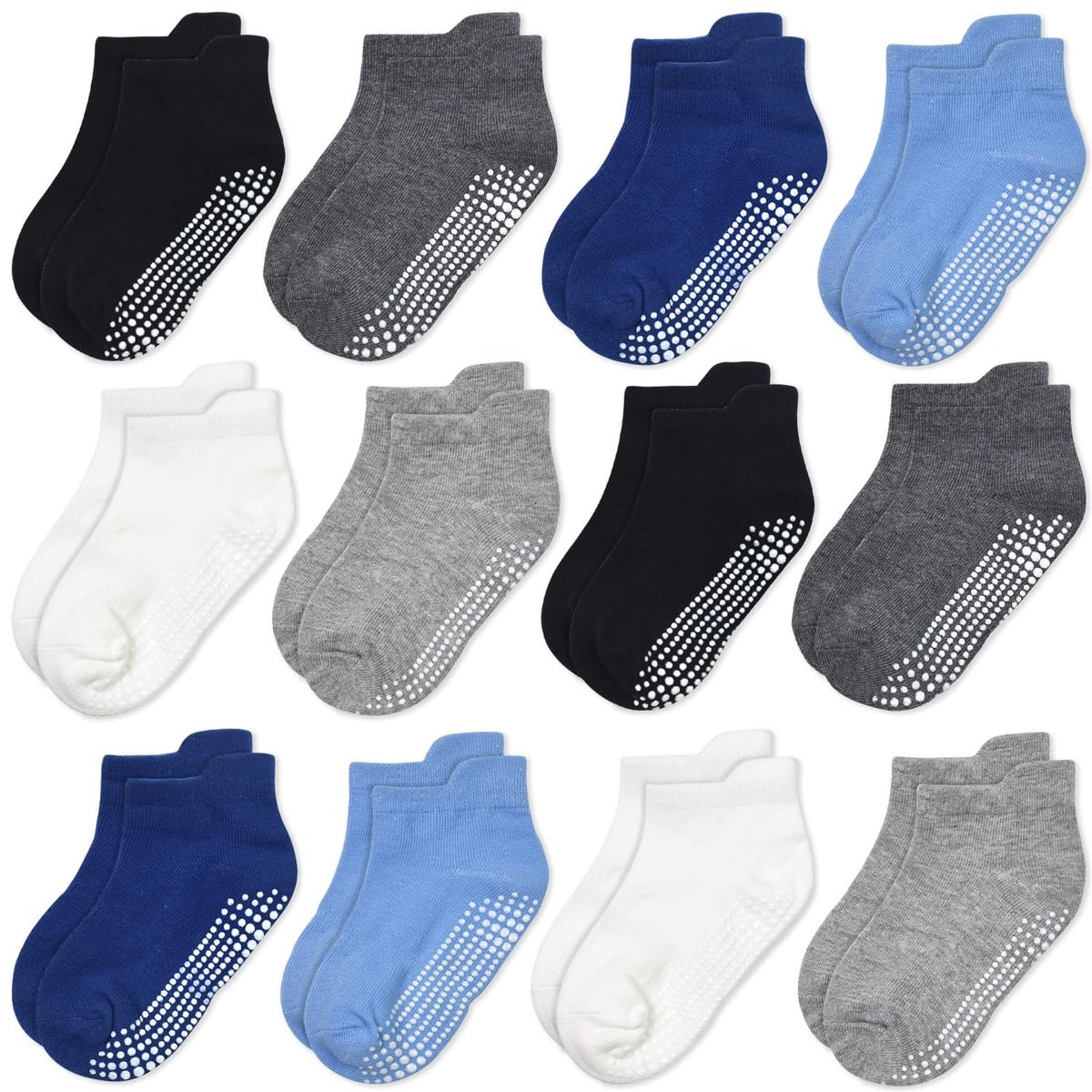 GRPSKCOS Non Slip Toddler Socks 12 Pairs Anti Skid Ankle Socks for Kids Boys Grips Cotton Crew Socks For 1-7 Years Children (3-5 Years, 1 Boys Multicolor-12 Pairs)