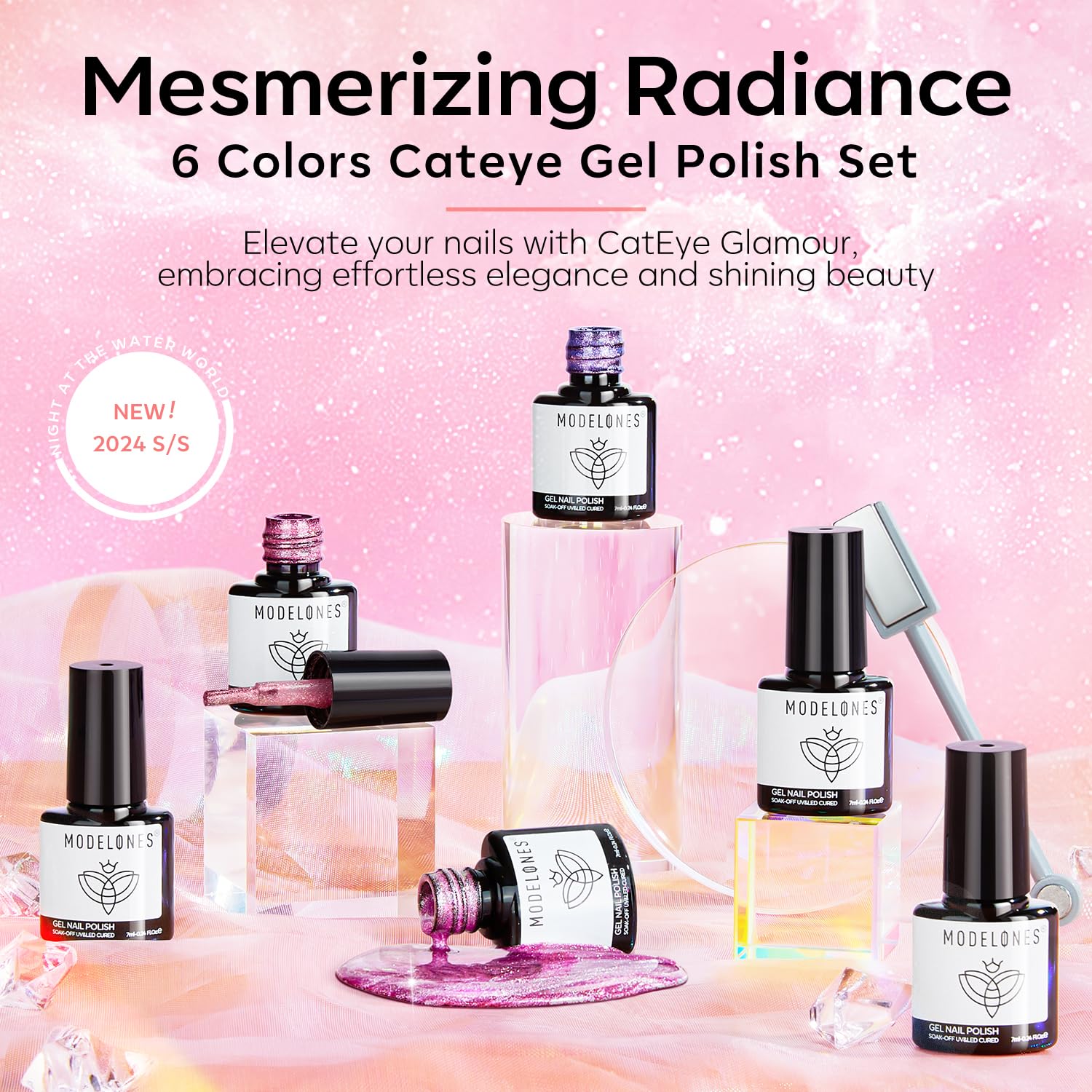 Modelones Holographic Glitter Cat Eye Gel Nail Polish Kit 6 Colors with Magnet Rainbow Pastel Gel Polish Soak Off Led Gel Nail Polish Set Nail Art Gel Manicure Salon DIY Gifts