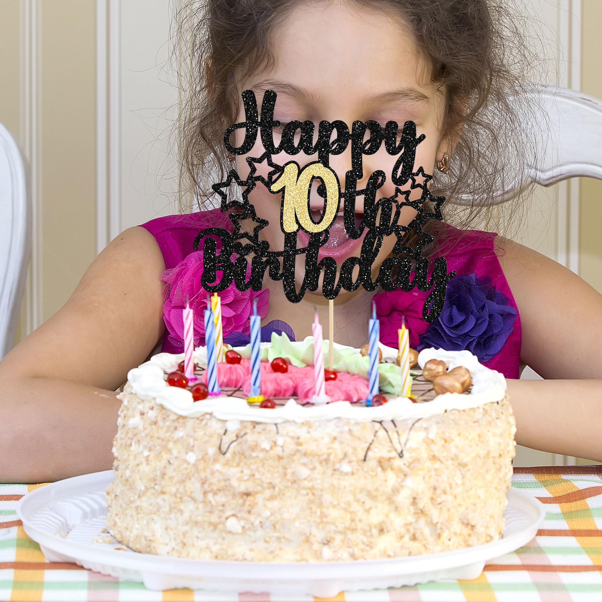 Gyufise 1Pc Happy 10th Birthday Cake Topper Black Gold Glitter Cheers to 10 Years Birthday Cake Pick 10 and Fabulous Cake Decoration for Happy 10th Birthday Anniversary Party Supplies