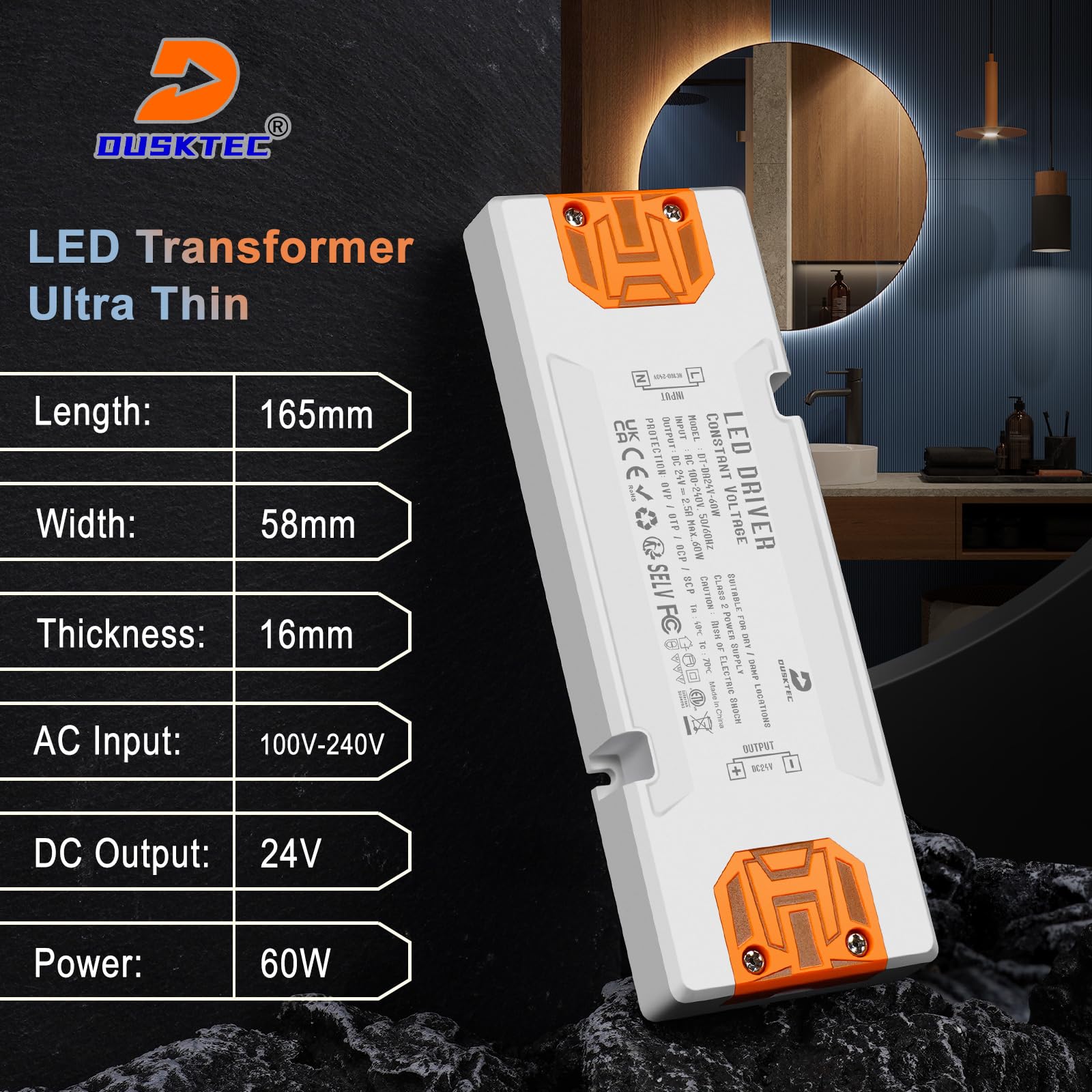 DUSKTEC Slim LED Driver 24V 60W, IP44 Switching Power Supply, 240V AC to 24Volt DC Replacement LED Transformer, Low Constant Voltage 24V 2.5A Adapter for LED Module Light Strip Led Lamp Bulbs