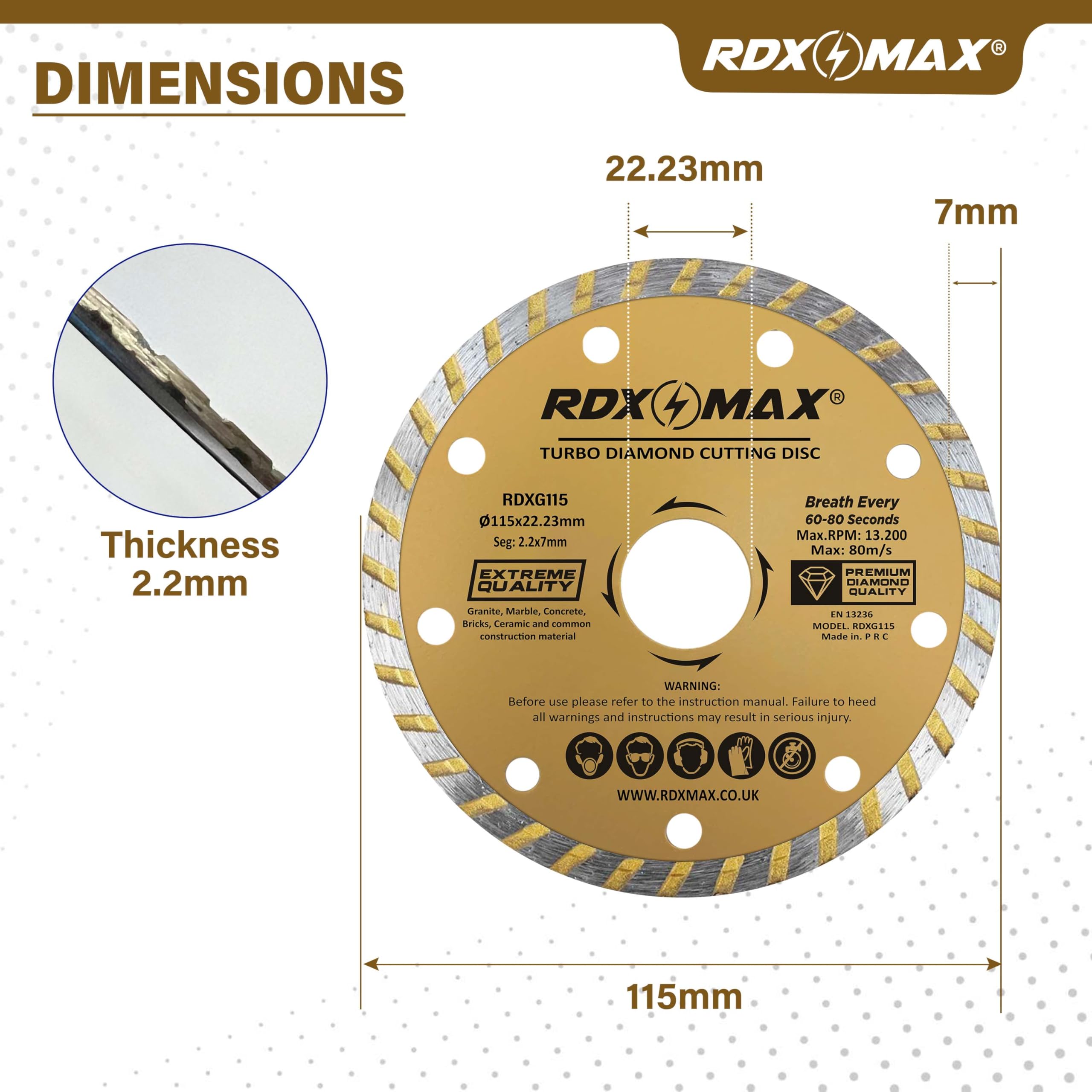 RDXMAX ® 115mm Diamond Cutting Discs for Angle Grinder-Super Thin Fast,Clean Cut on Porcelain,Granite,Marble,Concrete,Tiles,Stones,Bricks & Ceramics-4.5 inches Wheel -Size 115 x2.2 x22.23mm- 2 Pack Golden