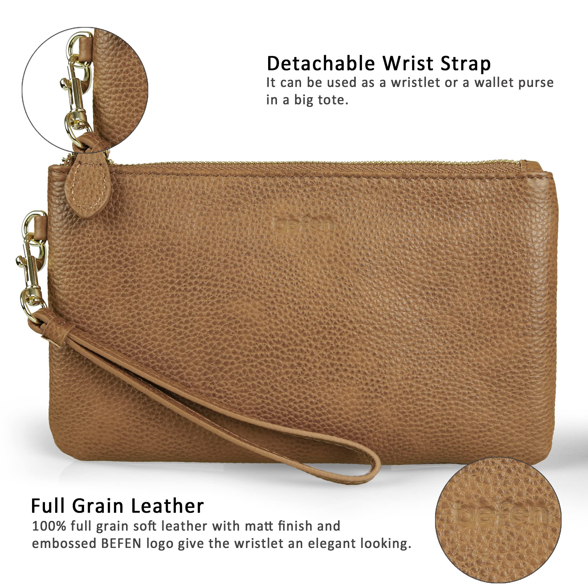 befen Leather Wrislet Clutch Bag for Women Small Cell Phone Bag Fashional Handbag With Wrislet Strap-Vintage Caramel Brown