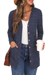 GRECERELLE Womens Cardigan Long Sleeve Open Front Cardigans Button Down V Neck Ribbed Knit Lightweight Outerwear with Pocket (Navy Blue, XXL)