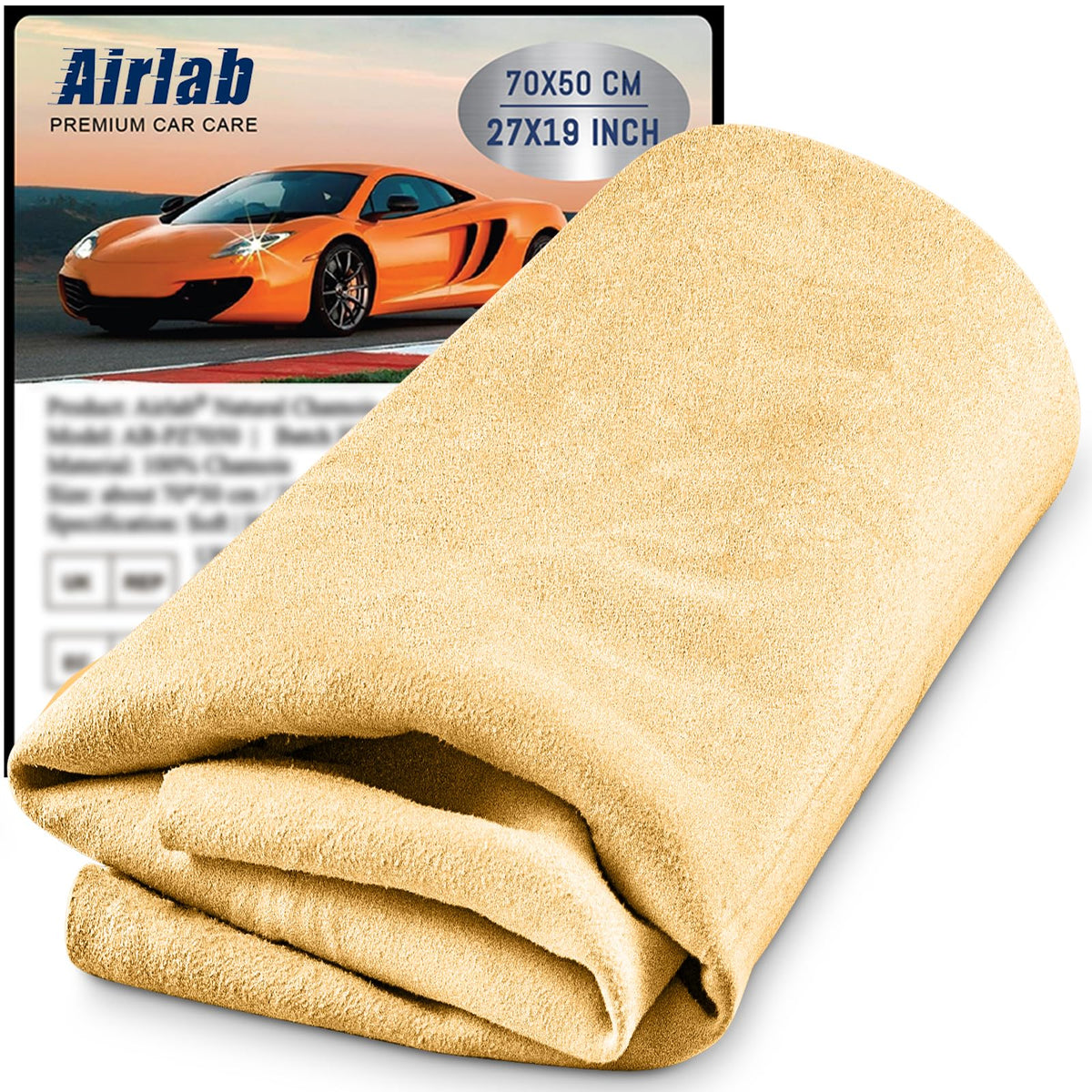 Airlab Chamois Leathers for Cars 70x50cm 3500 cm² XXL, Real Shammy Leather for Windows, Large Chamois Car Cleaning Cloth Car Drying Towel for for Windscreen Glass Mirrors